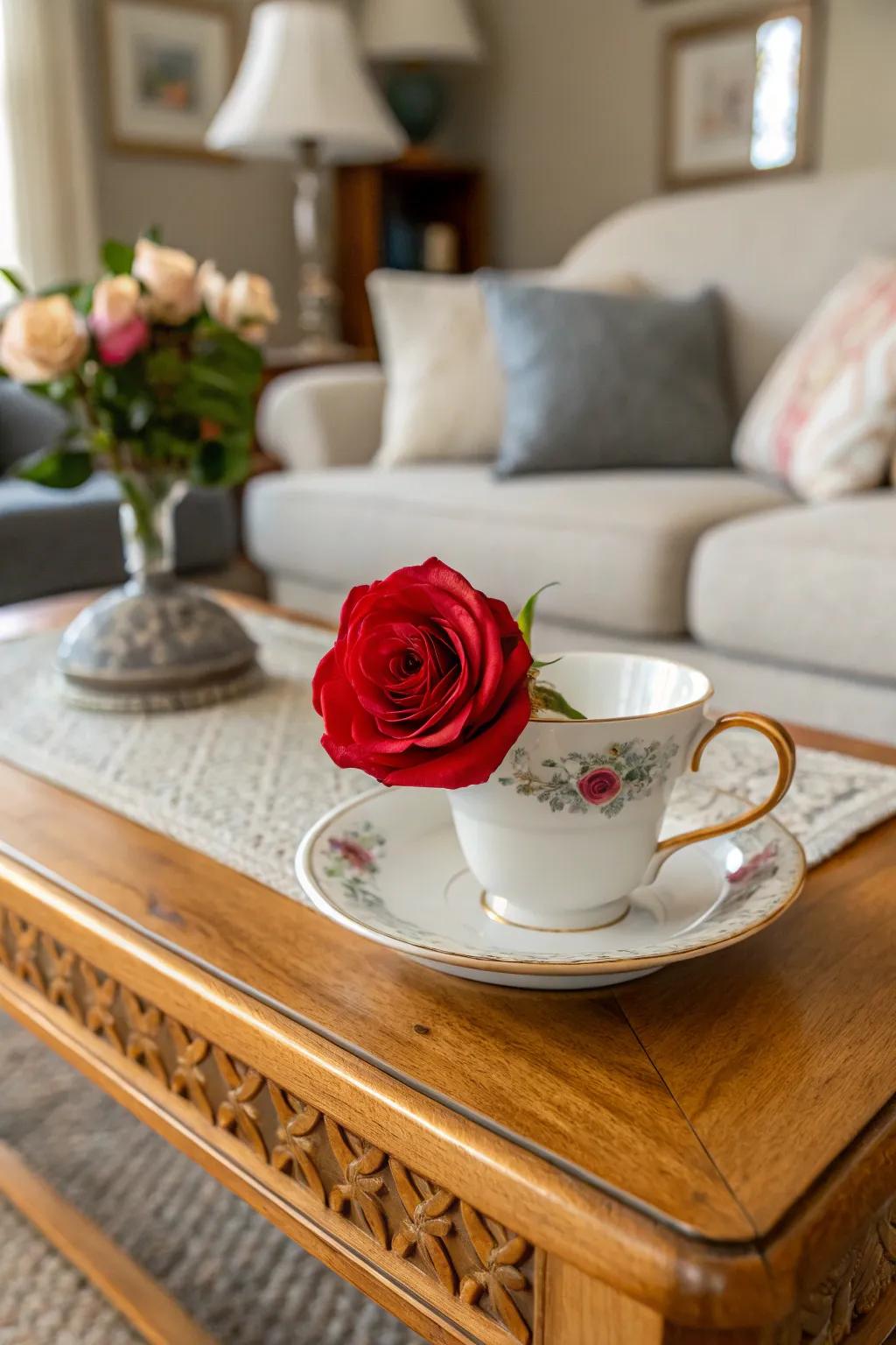 Positioning a rose within a teacup adds an element of whimsy to your decorative theme.