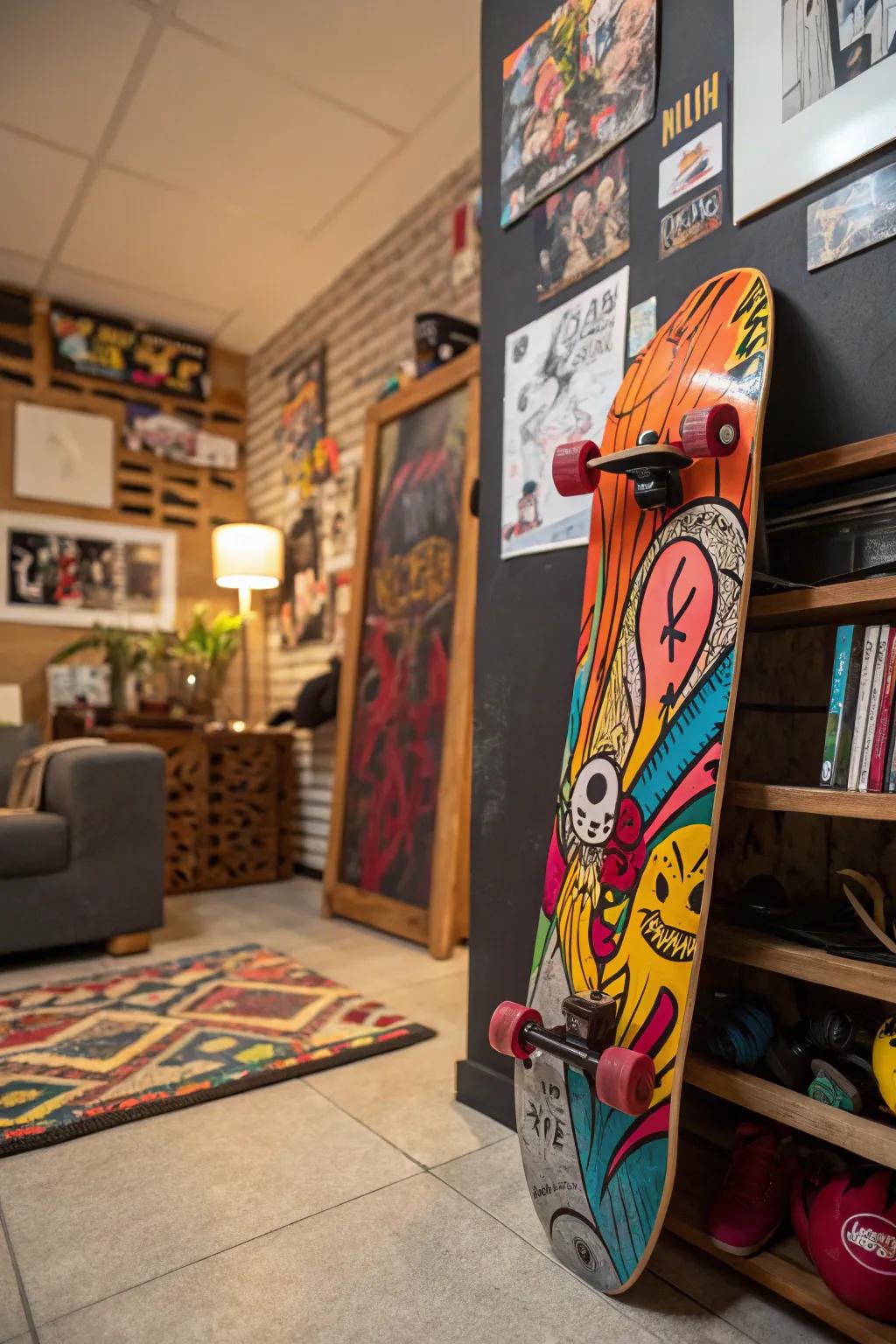 Infuse a burst of color with urban-inspired skateboard art.