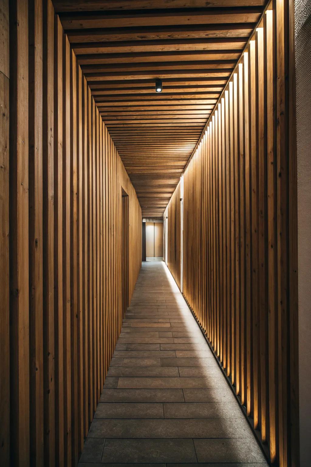 A hallway made more inviting with vertical wood slats, accentuating the vertical dimension.