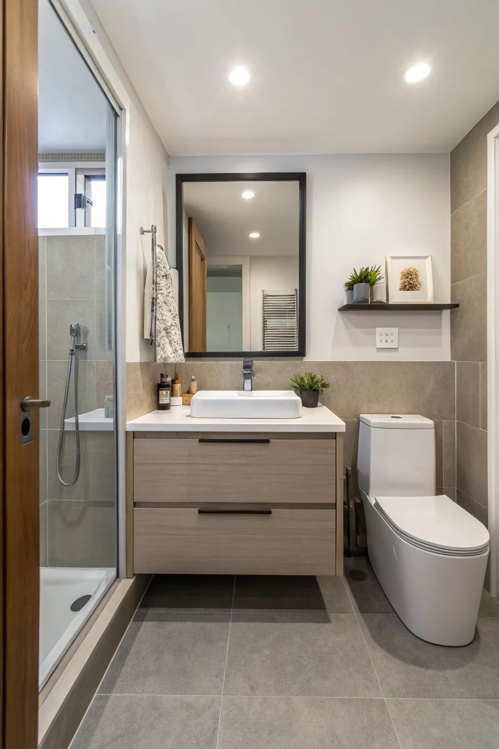 A floating vanity that maximizes visible floor space, enhancing the room's spaciousness.