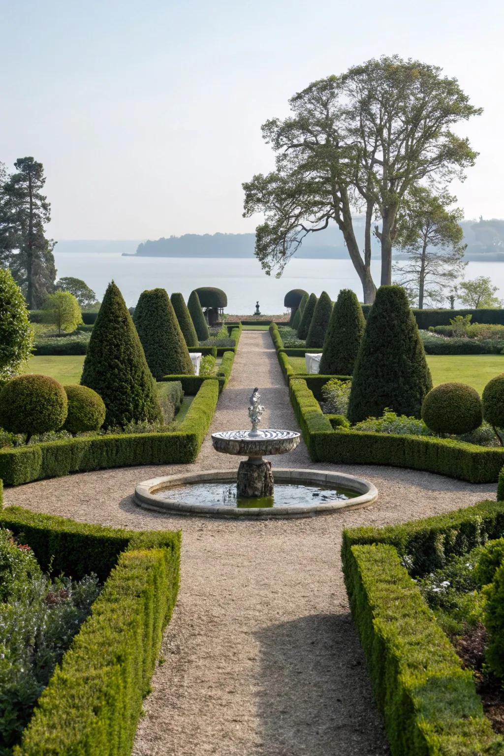 Square-cut hedges establishing a formal garden scene.