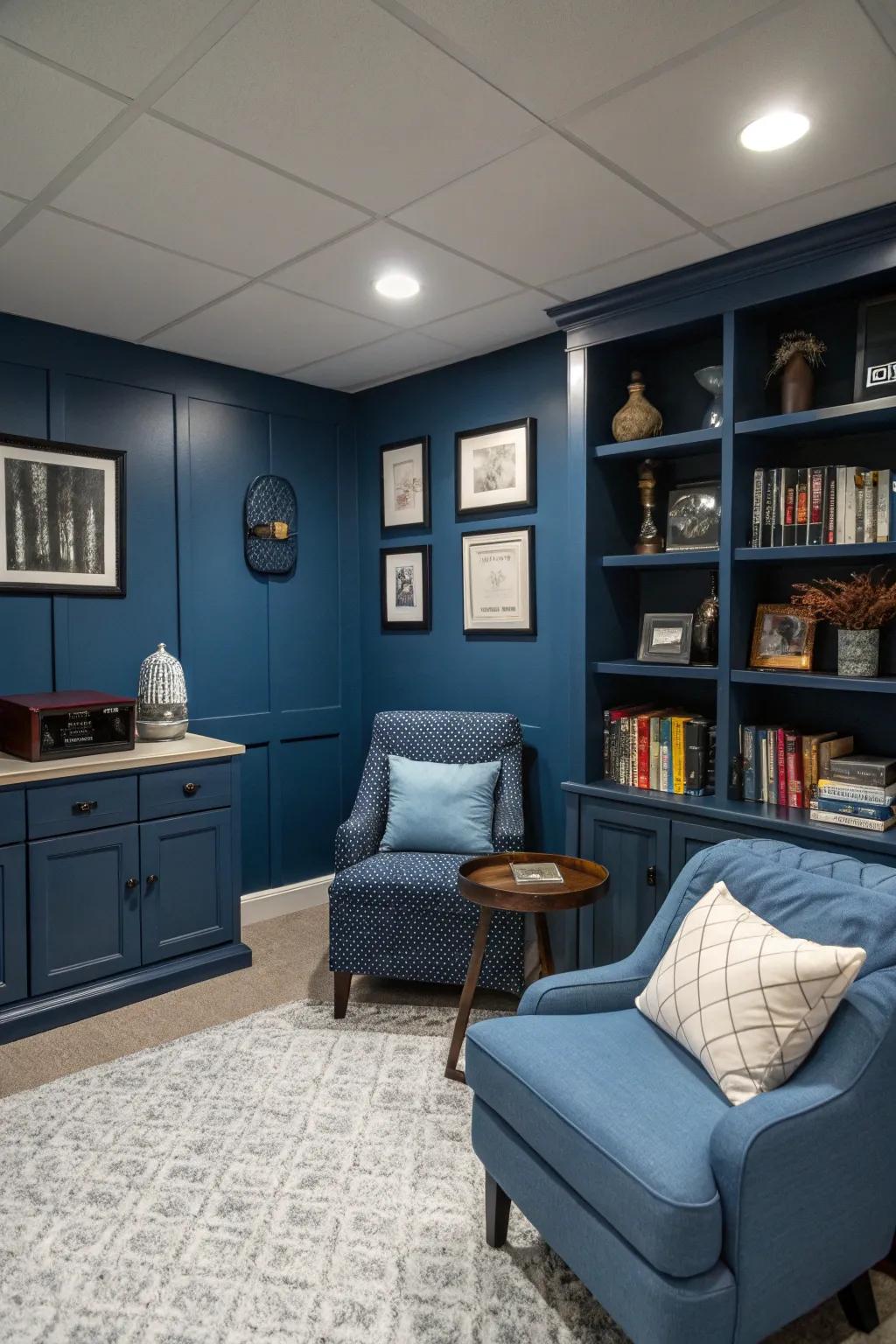 A monochrome color scheme in shades of blue creates a spacious and cohesive look.