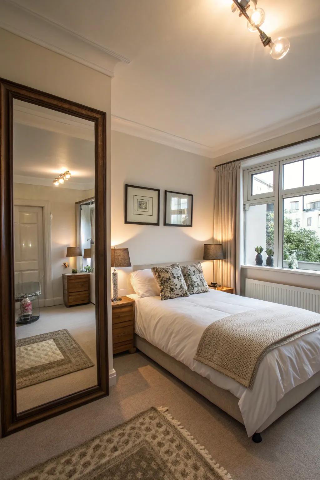 Mirrors enhance illumination, giving the perception of greater magnitude within a compact primary bedroom.