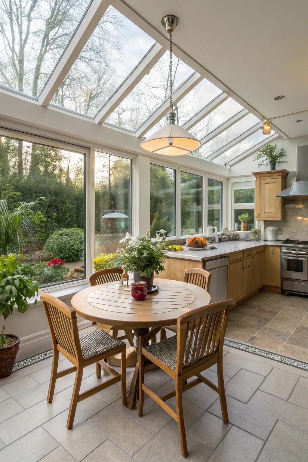 A dining corner enhances the sunroom’s practicality.