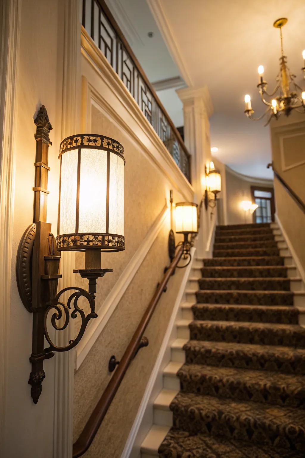 Ambient illumination enhances the stairway with warmth and style.