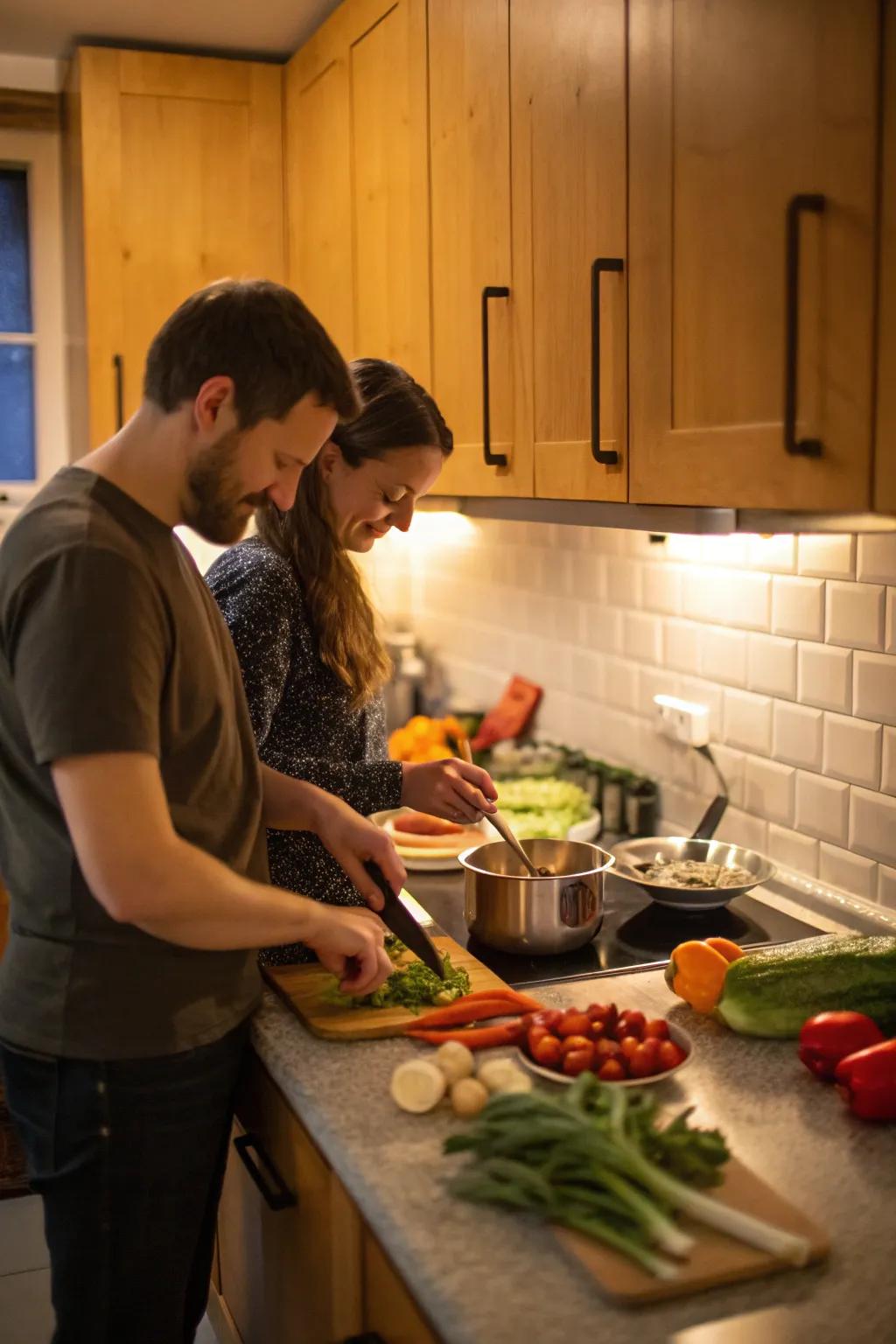 Cooking a gourmet meal together can be a fun and bonding experience.