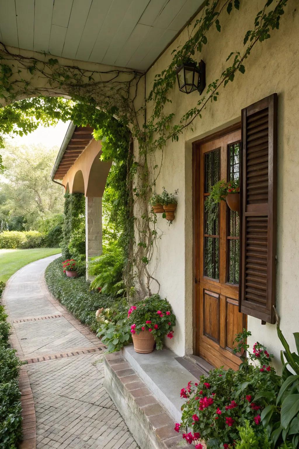 Abundant greenery beautifully enhances the stucco porch.