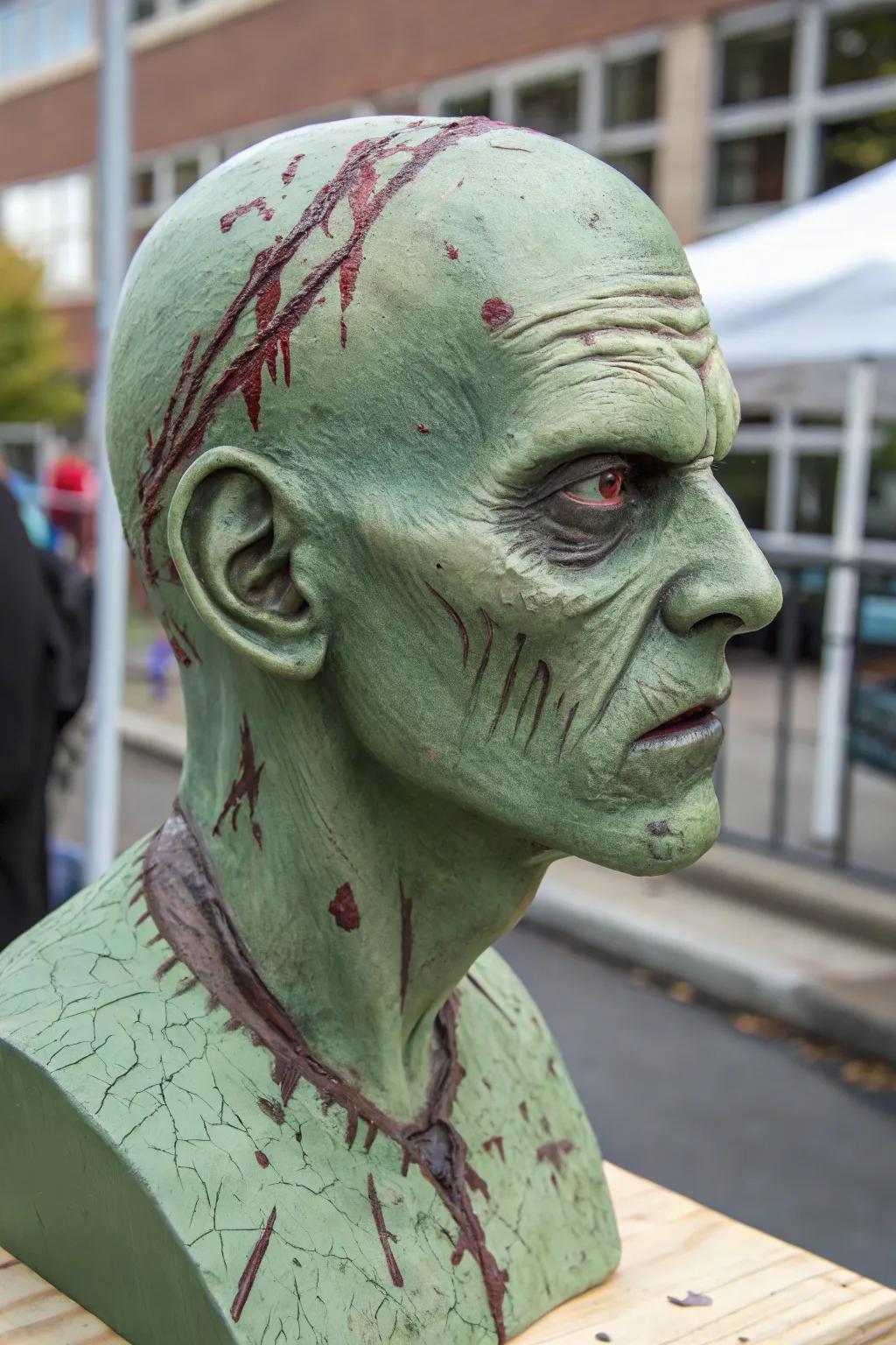 A zombie head that looks eerily lifelike.