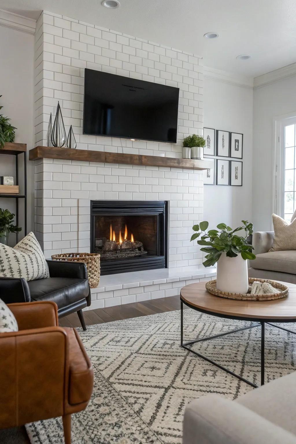 Shiny strip tiles impart a contemporary sheen to this modern fireplace.