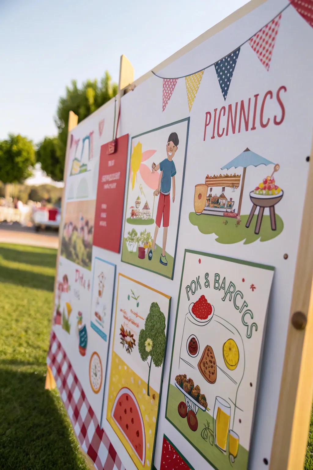 A board featuring cutouts representing summer activities such as picnics and barbecues.