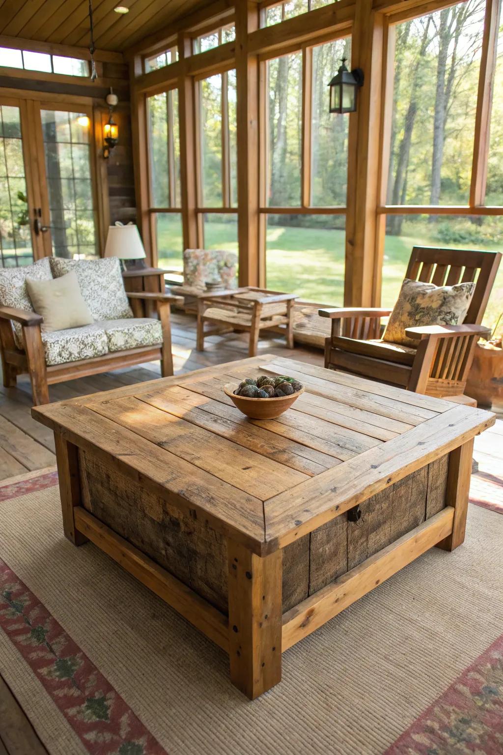 Country-style timber features enhance the welcoming atmosphere of this sunroom.