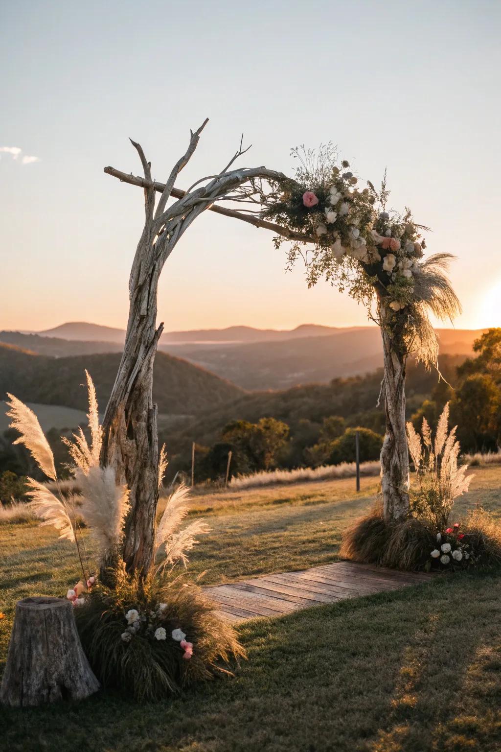 A distinctive wedding arch comprised of driftwood and plume grass at sundown.