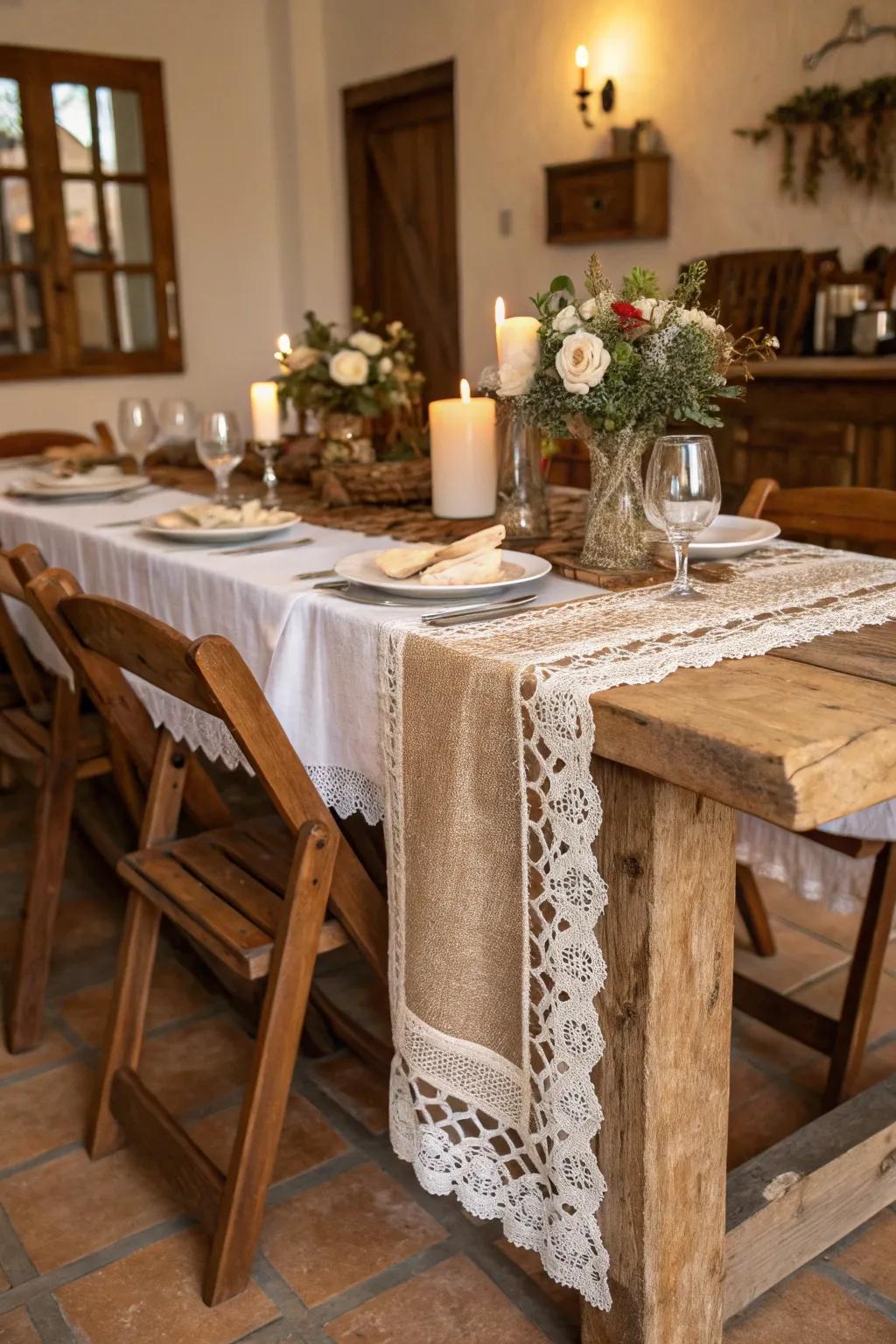 A rustic table arrangement incorporating wood, hessian, and lace components.