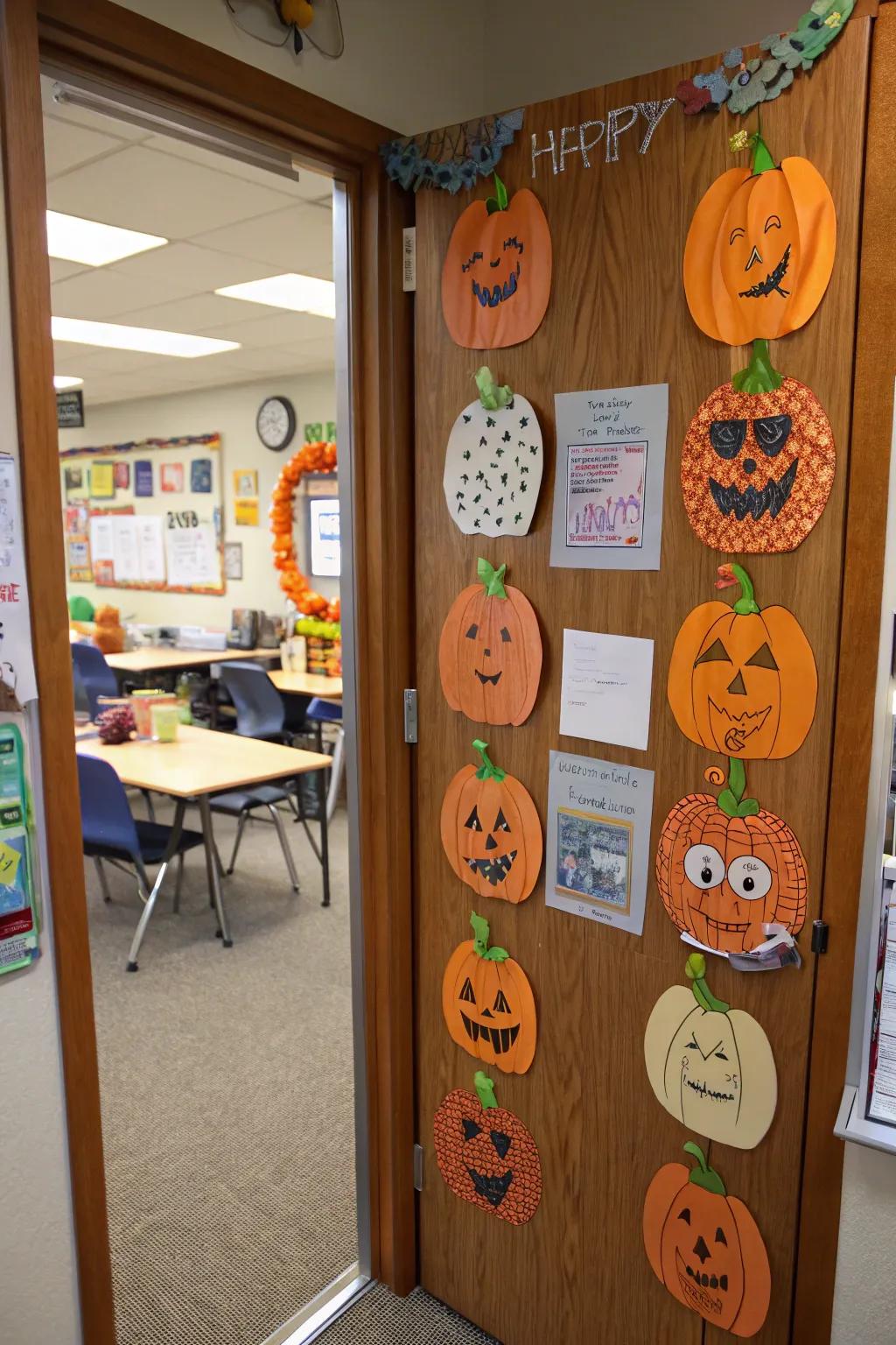 A dynamic pumpkin patch door display, celebrating the splendor of harvest season.