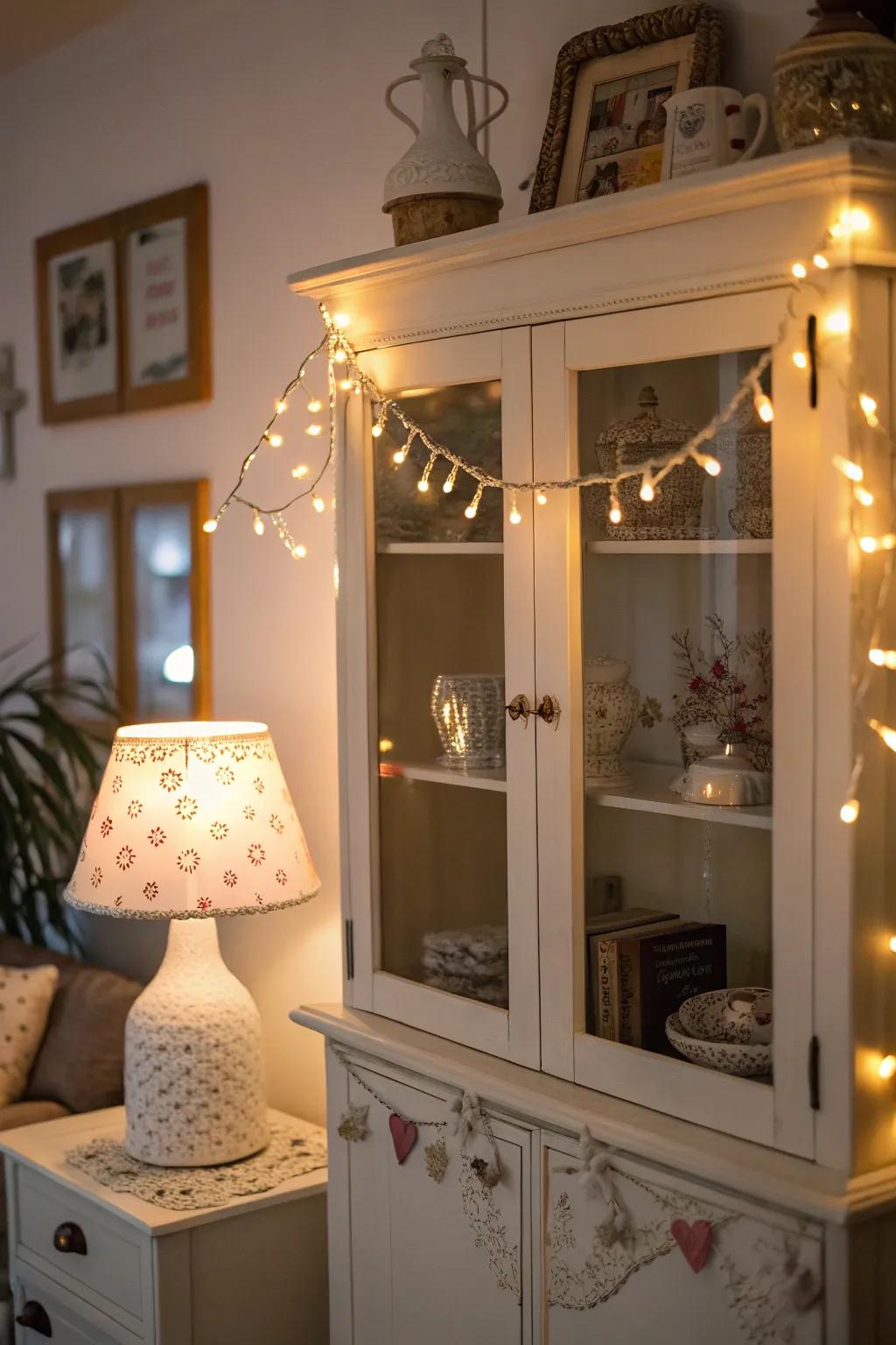 Decorative lights impart warmth and atmosphere to the presentation.