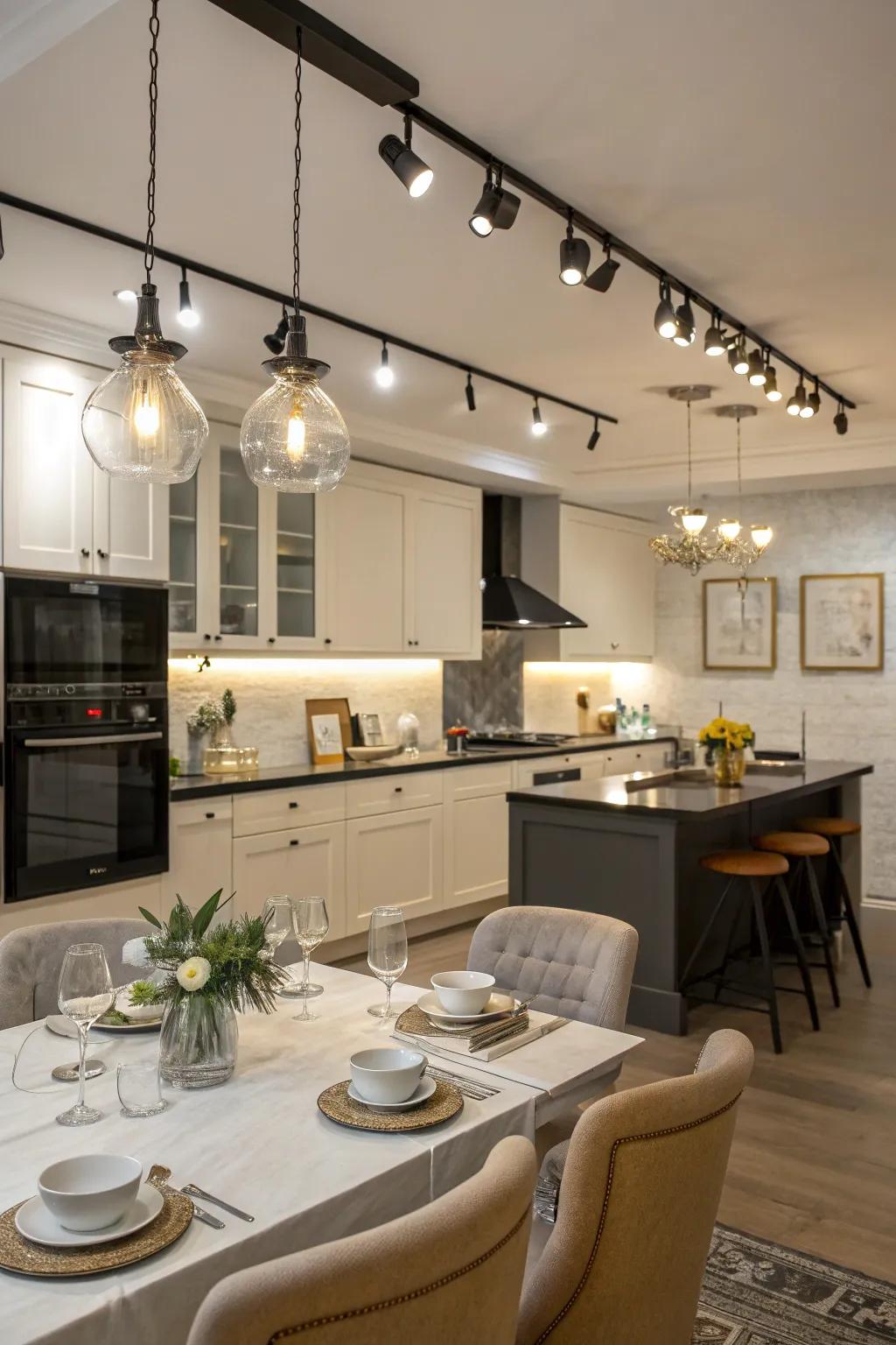 Stylish combination of track lighting and pendant lights in a kitchen