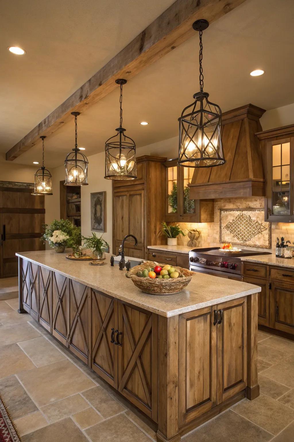 Pendant lights bring elegance to kitchen spaces.