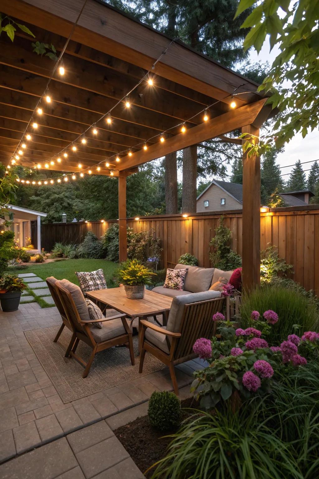Gentle lighting from under the eaves fosters a tranquil outdoor atmosphere.