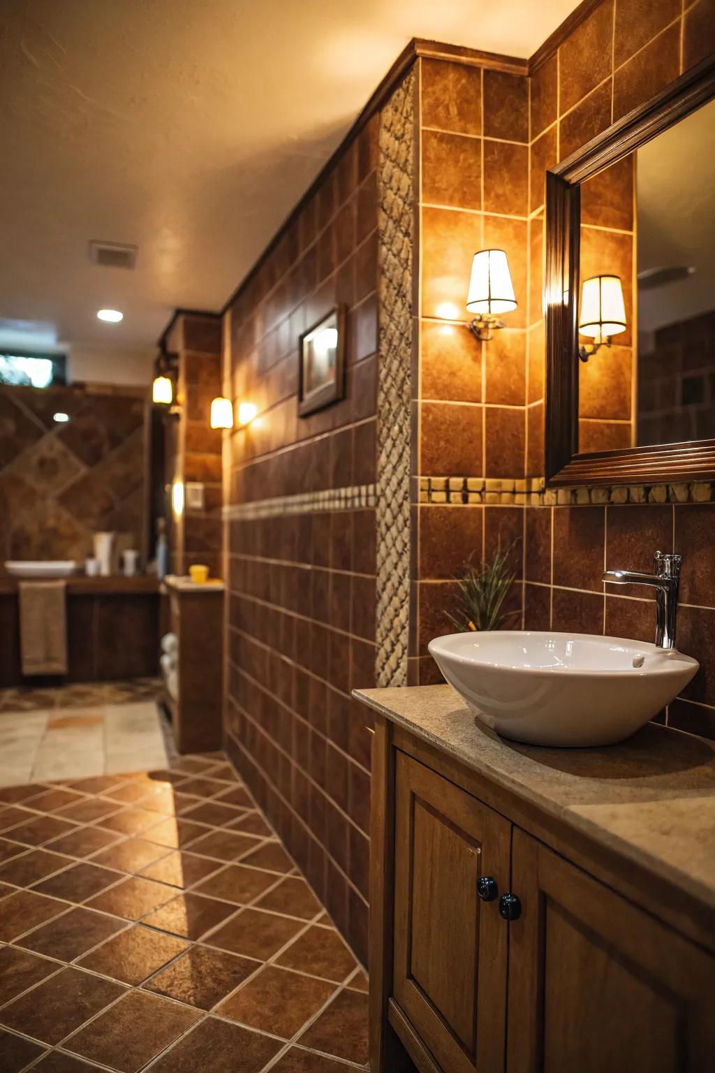 Soft lighting accentuates the rich undertones of brown tiles.
