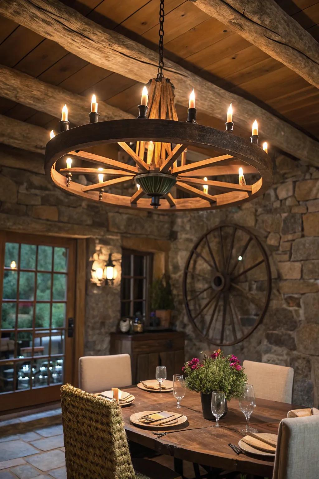 A cartwheel changed into a refined overhead light fixture above a dining surface.