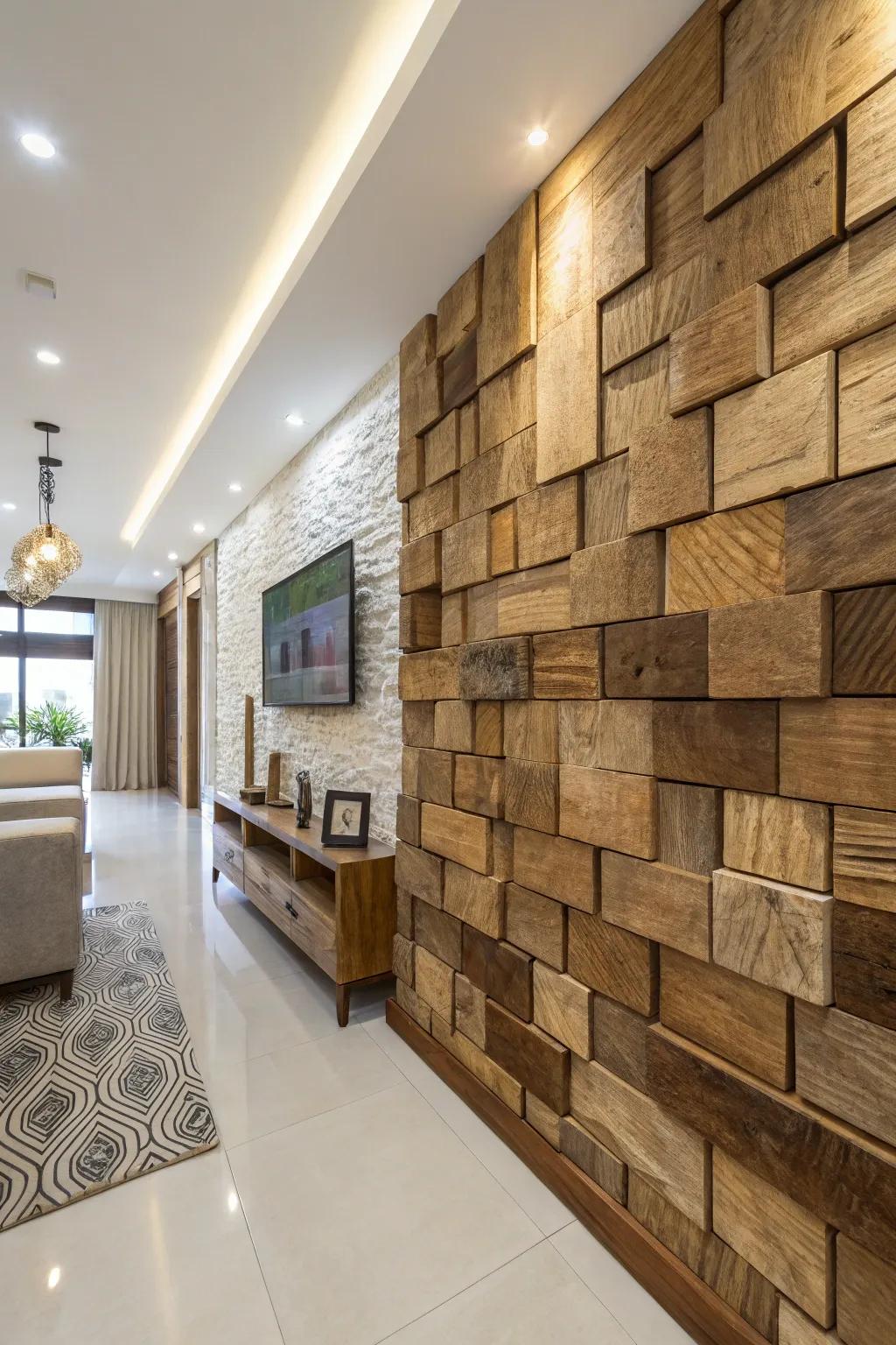 Create depth with 3D wood wall designs.