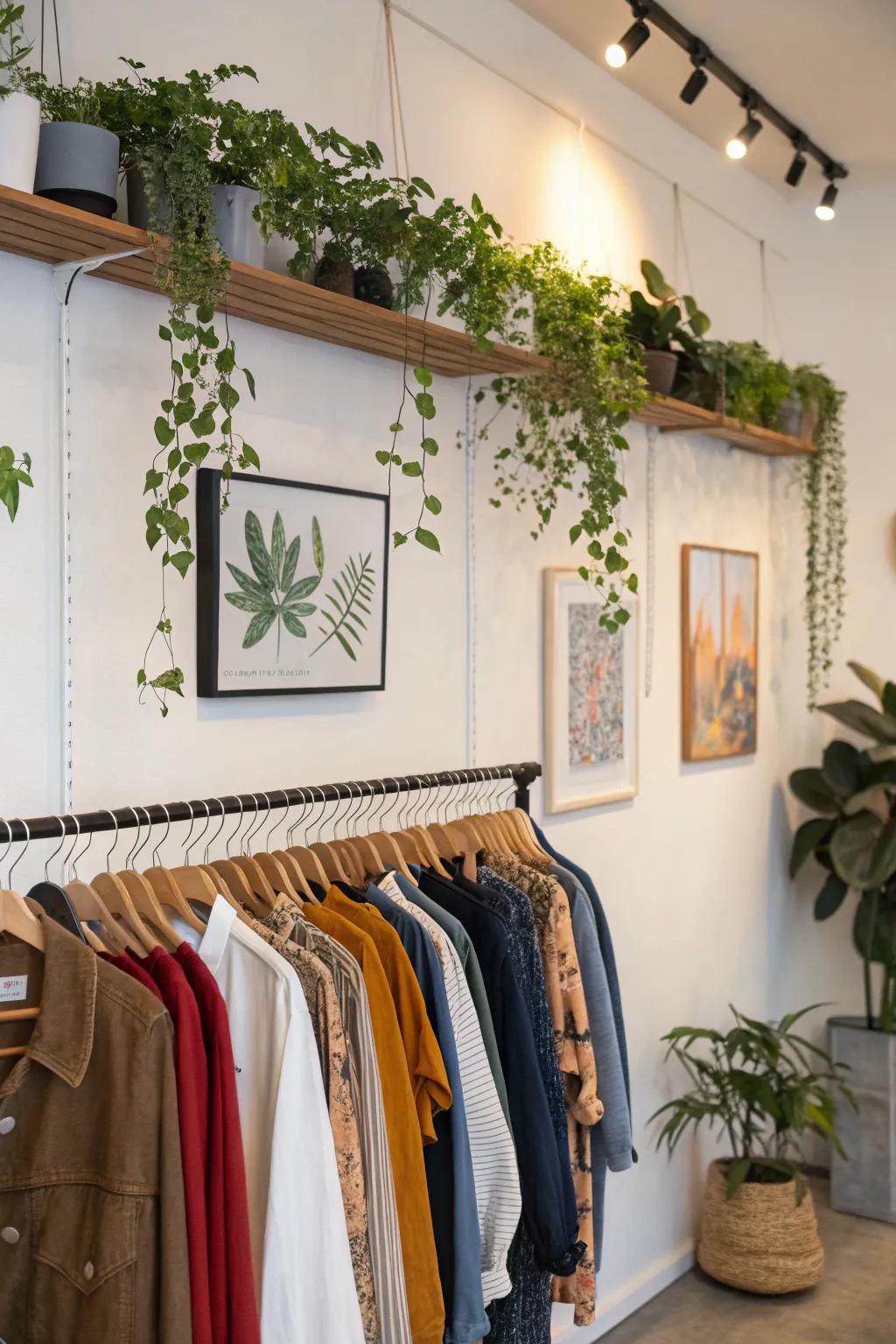 Decorative elements enhance a wall-mounted clothing rack.