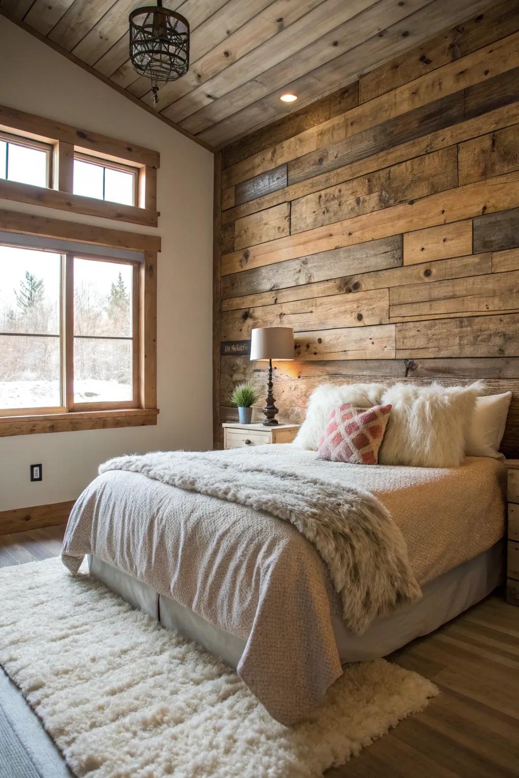 Wooden wall cladding adds a rustic charm to bedroom interiors.