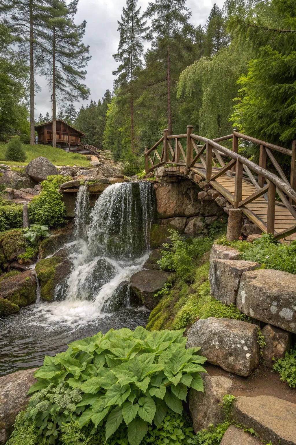 A rustic waterfall with a wooden bridge offers a charming escape.