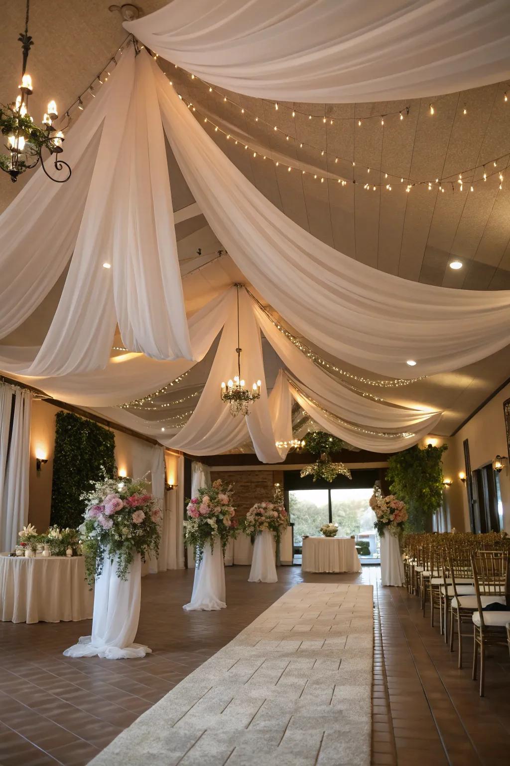 An amorous wedding locale showcasing suspended textiles overhead.