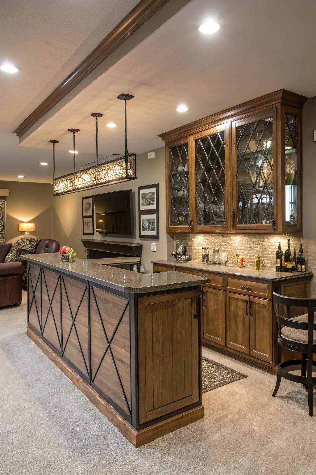 Combine materials for a dynamic wet bar design.