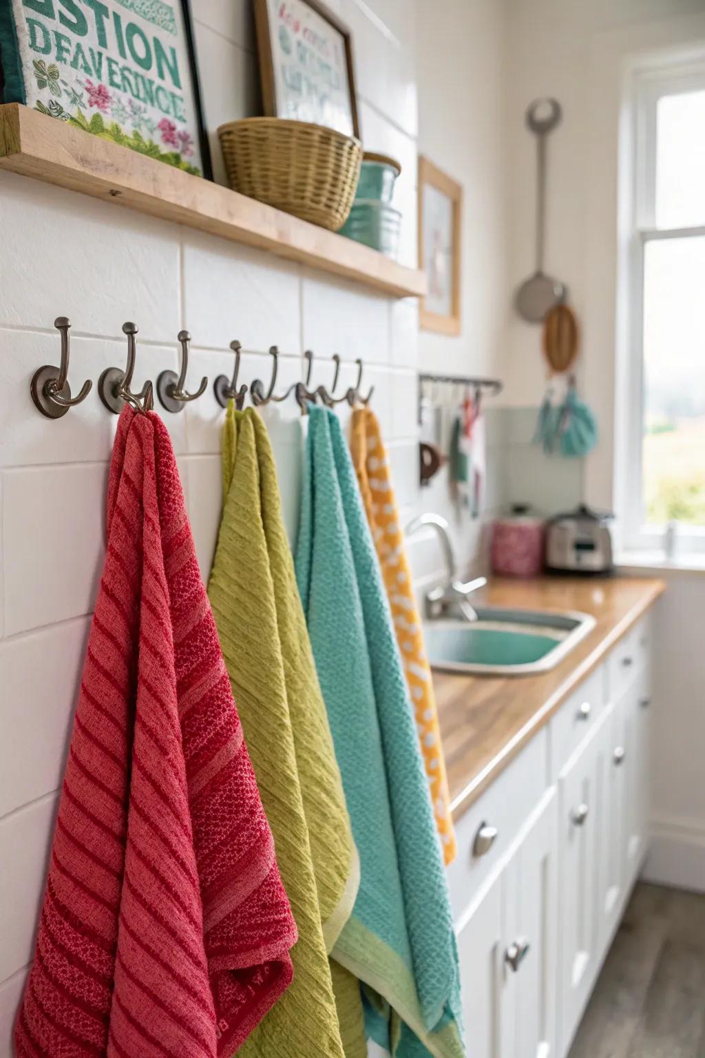 Employ designated fasteners to fashion a unique and ornamental towel showcase.