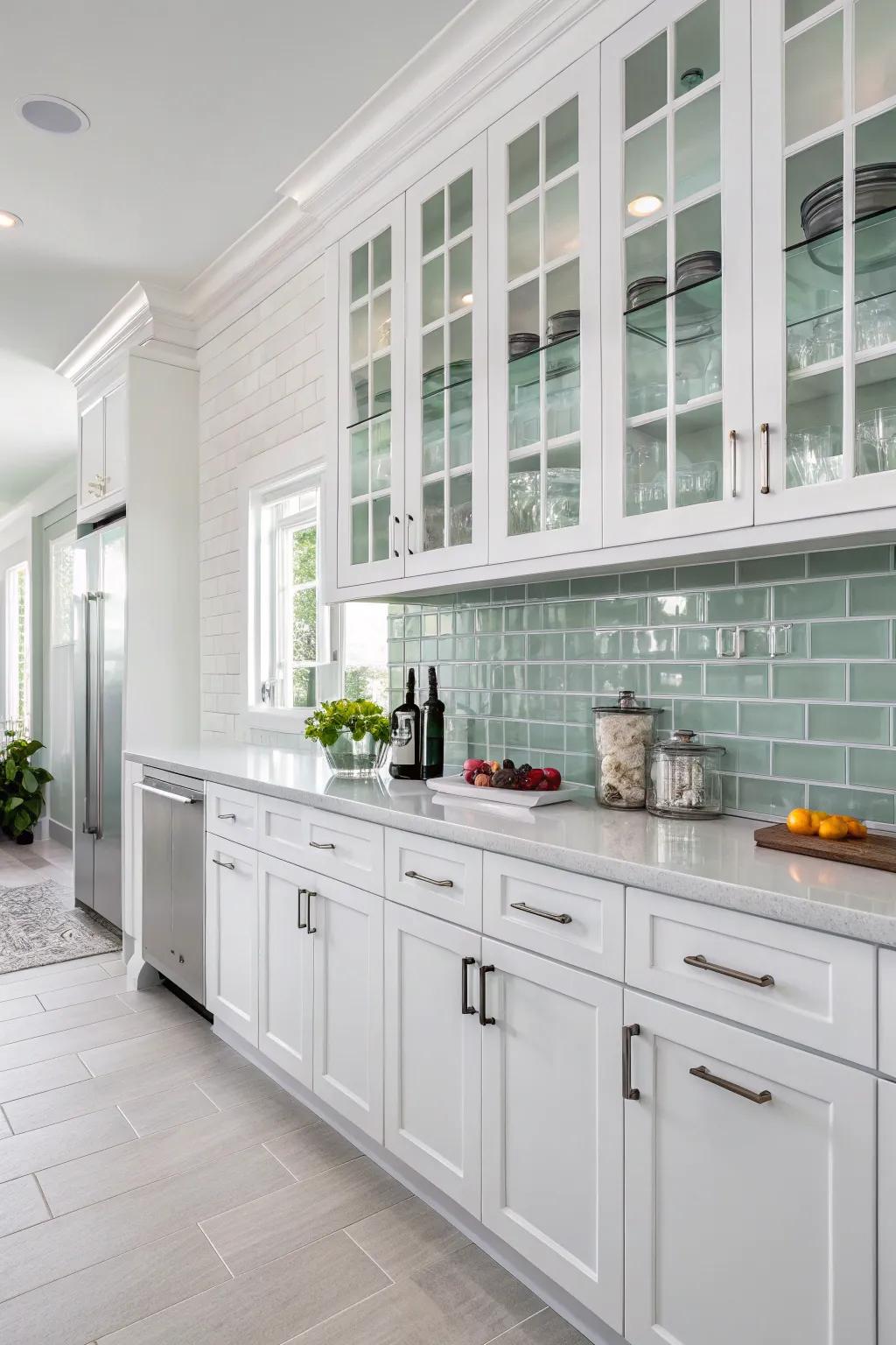Crystal brick-style tiles lending a reflective elegance to kitchen with white cabinetry.