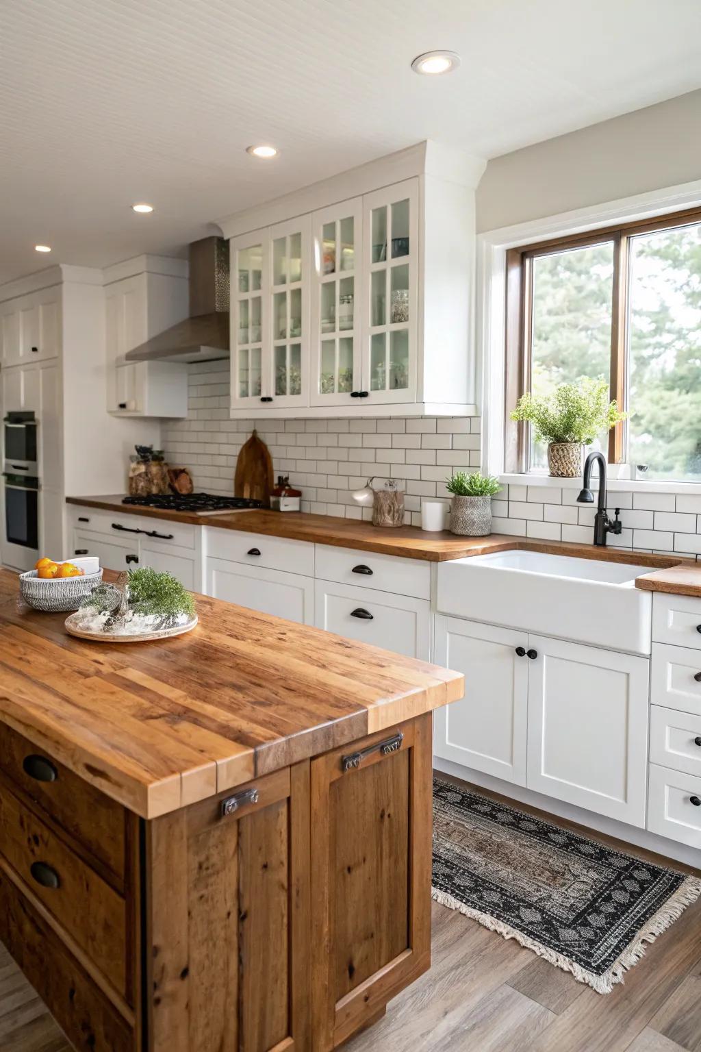 A harmonious blend of rustic and modern elements within a kitchen setting.