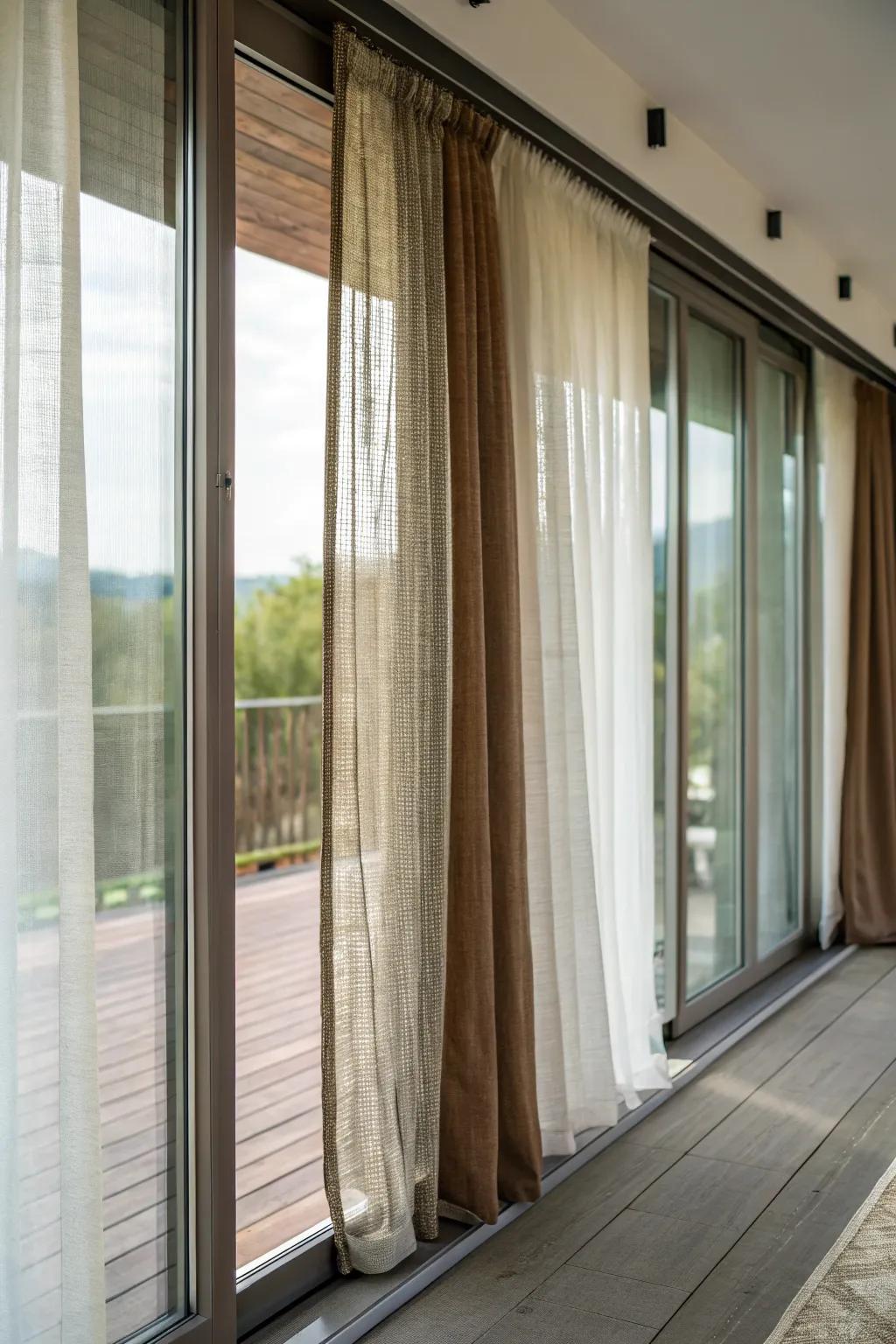 Complex curtains introducing dimension and texture to sliding glass doors