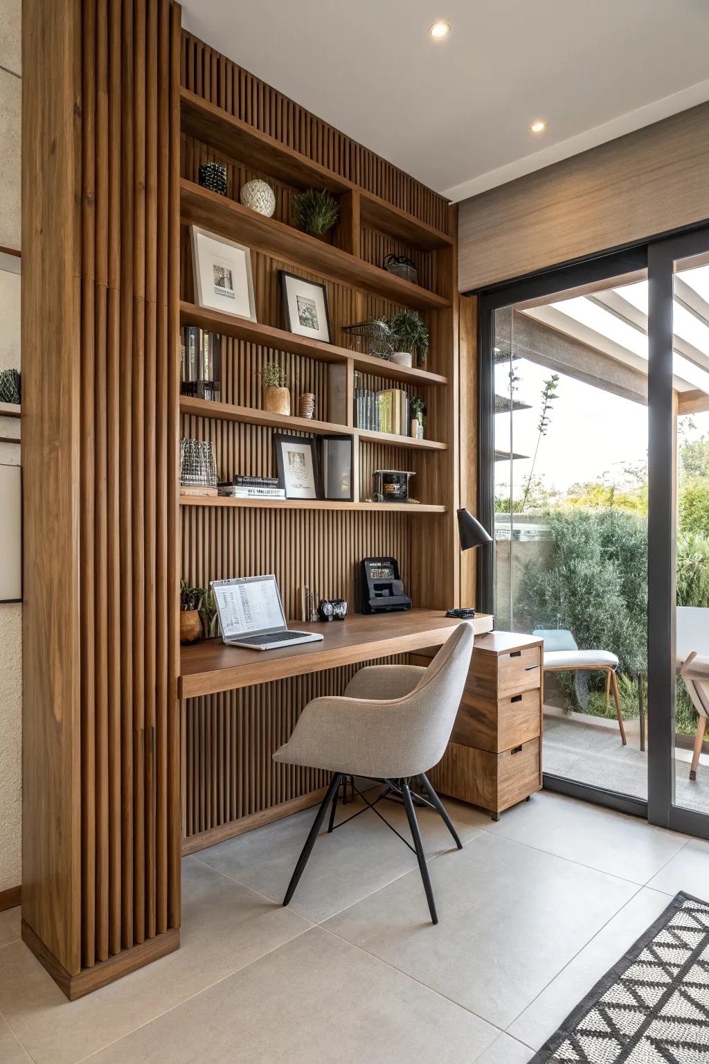 Marrying practicality and design: a timber slat wall featuring integrated shelves.