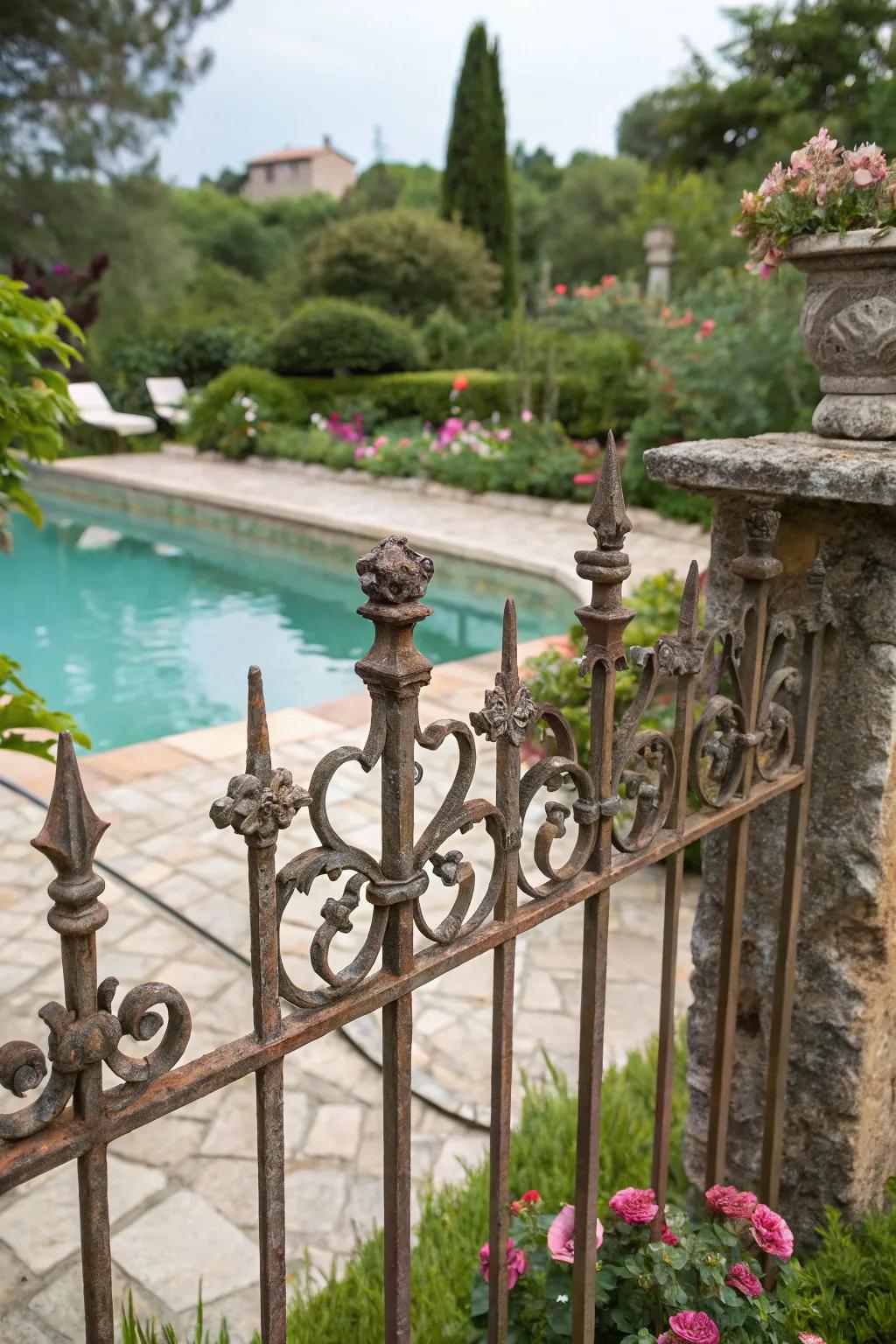 A vintage-style metal barrier adds a nostalgic touch to this poolside.
