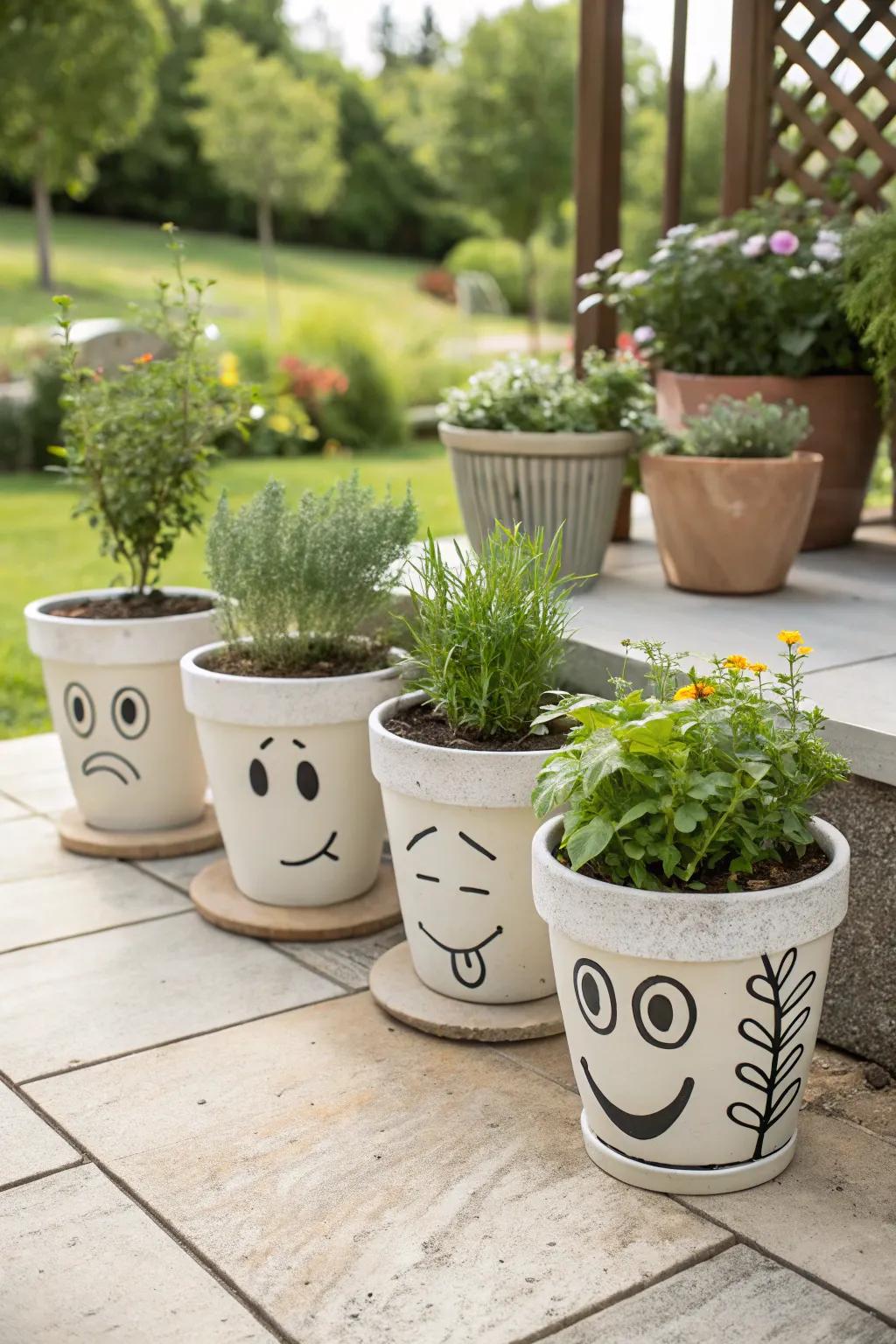 Face-themed plant pots bring personality to any garden setting.