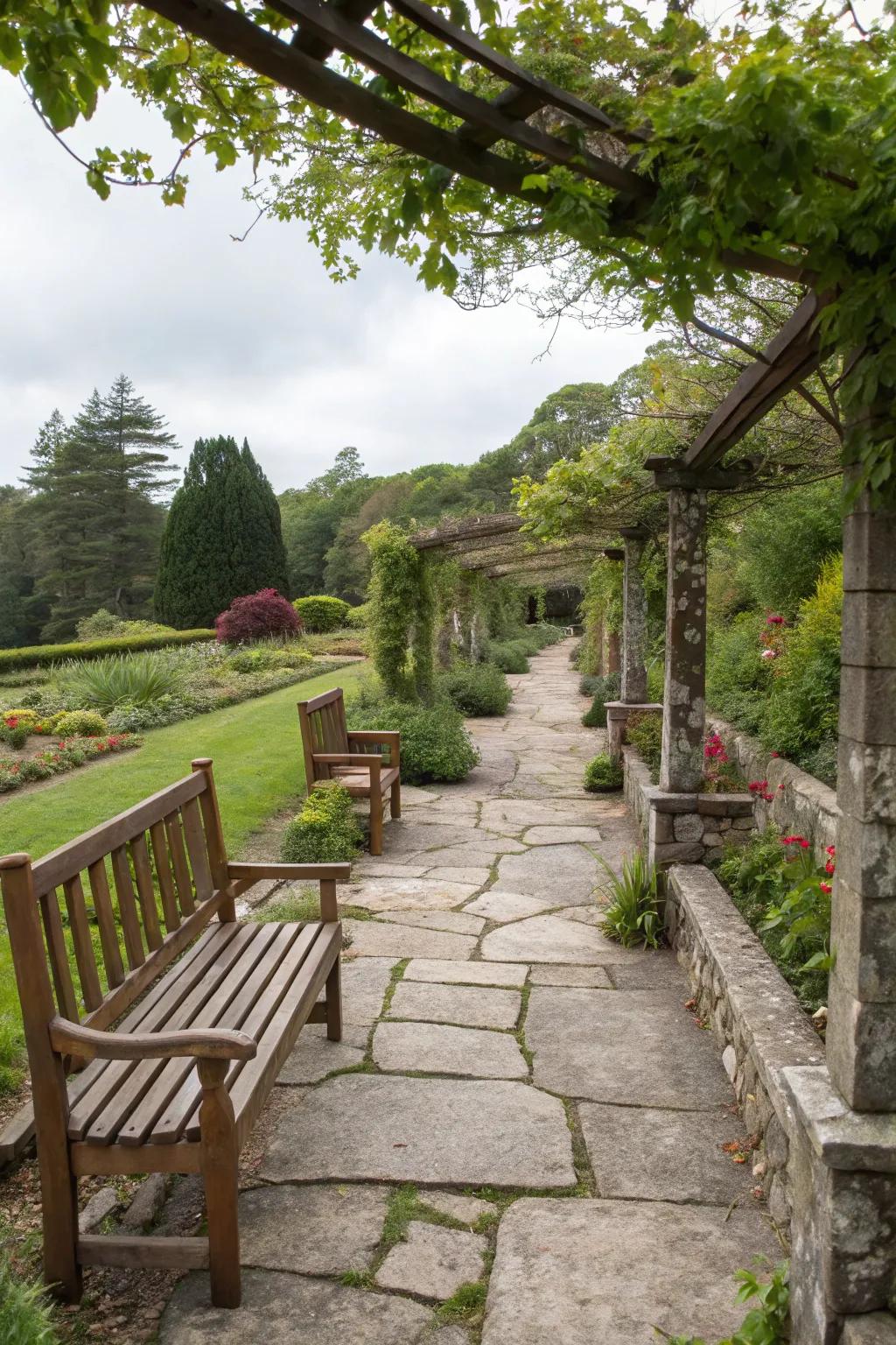 Natural materials create a serene and balanced outdoor space.