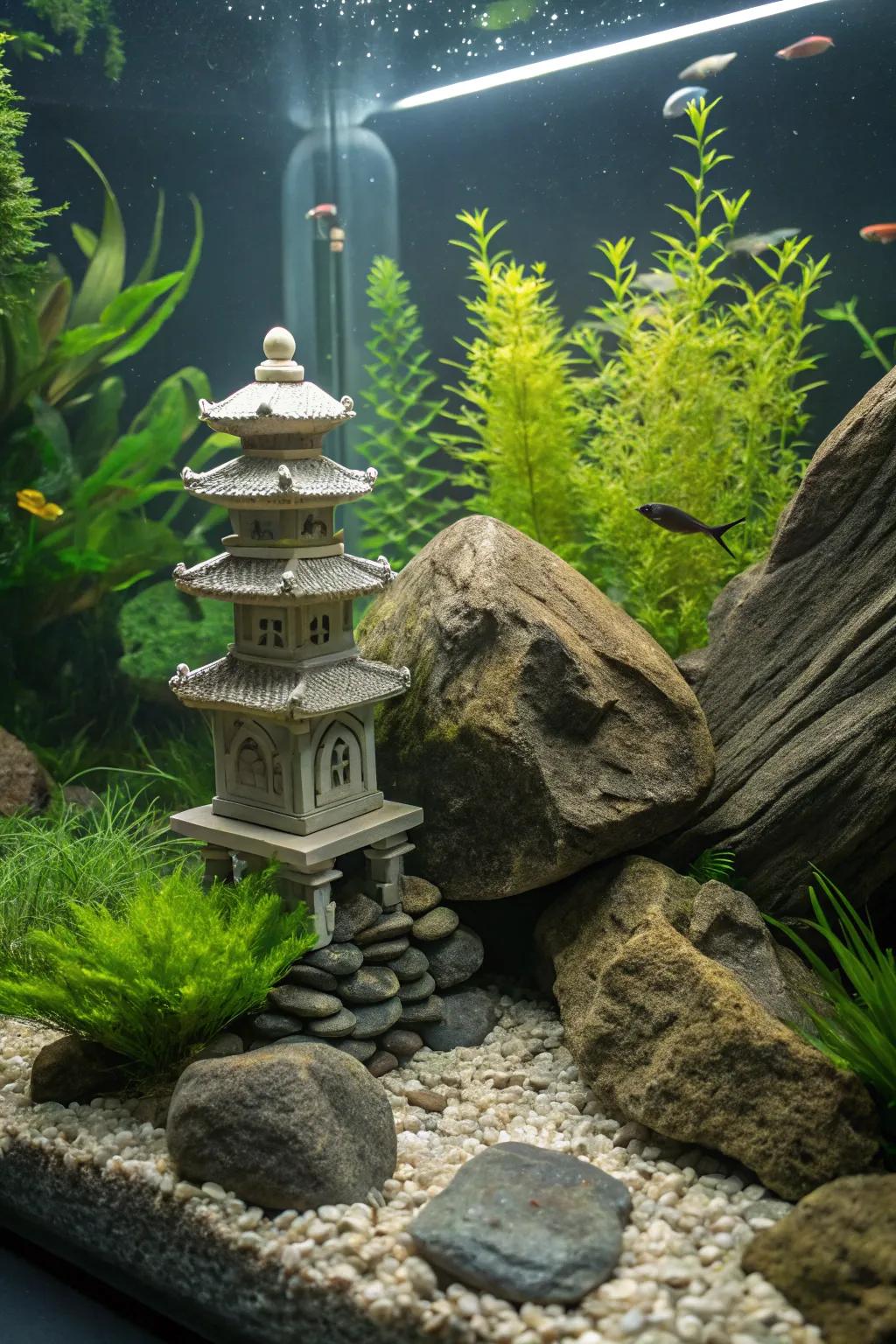 A pagoda figure lends an Eastern charm to this zen tank.