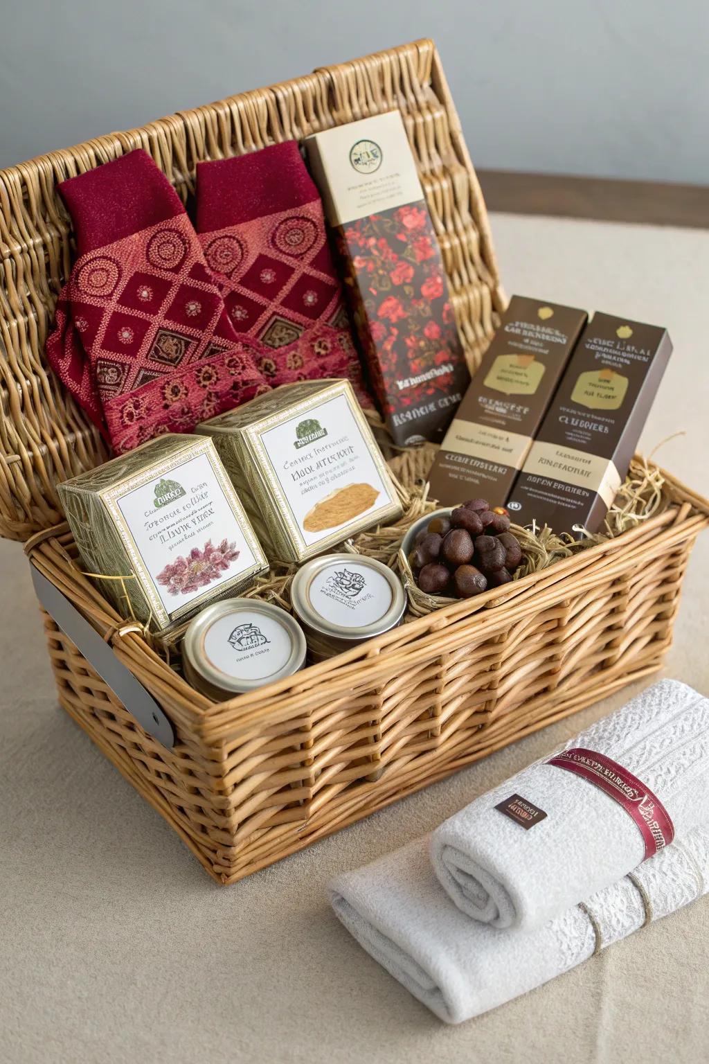 Gift baskets offer a delightful mix of treats and surprises for guests.