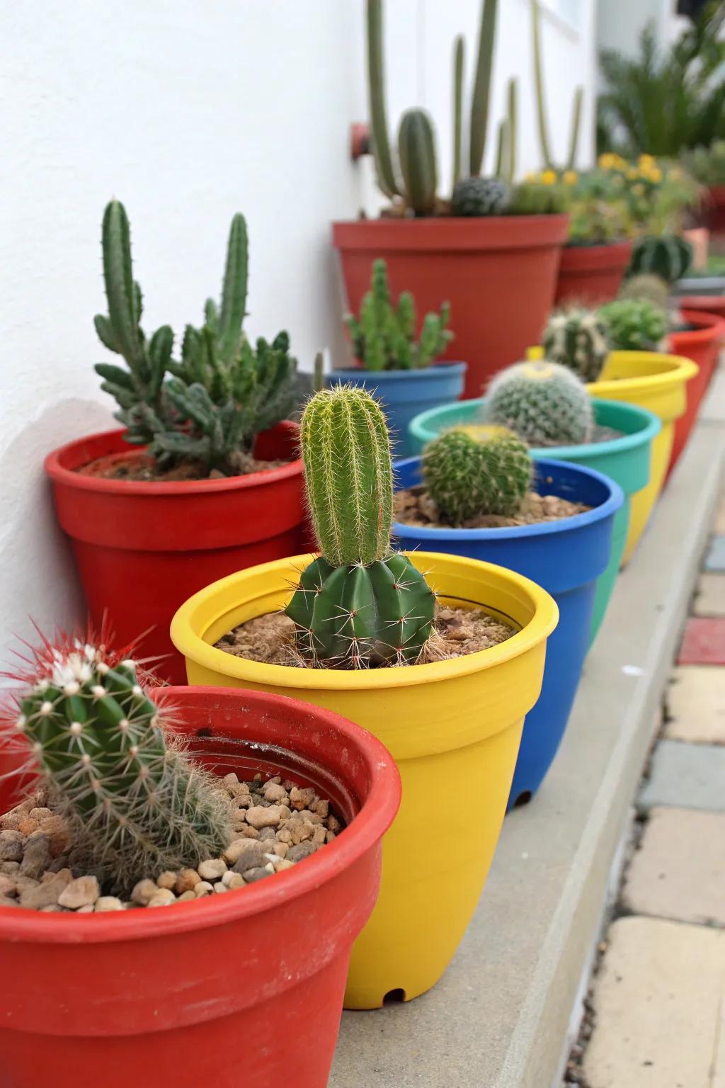 Infuse character into your cactus garden using vibrant, decorative containers.