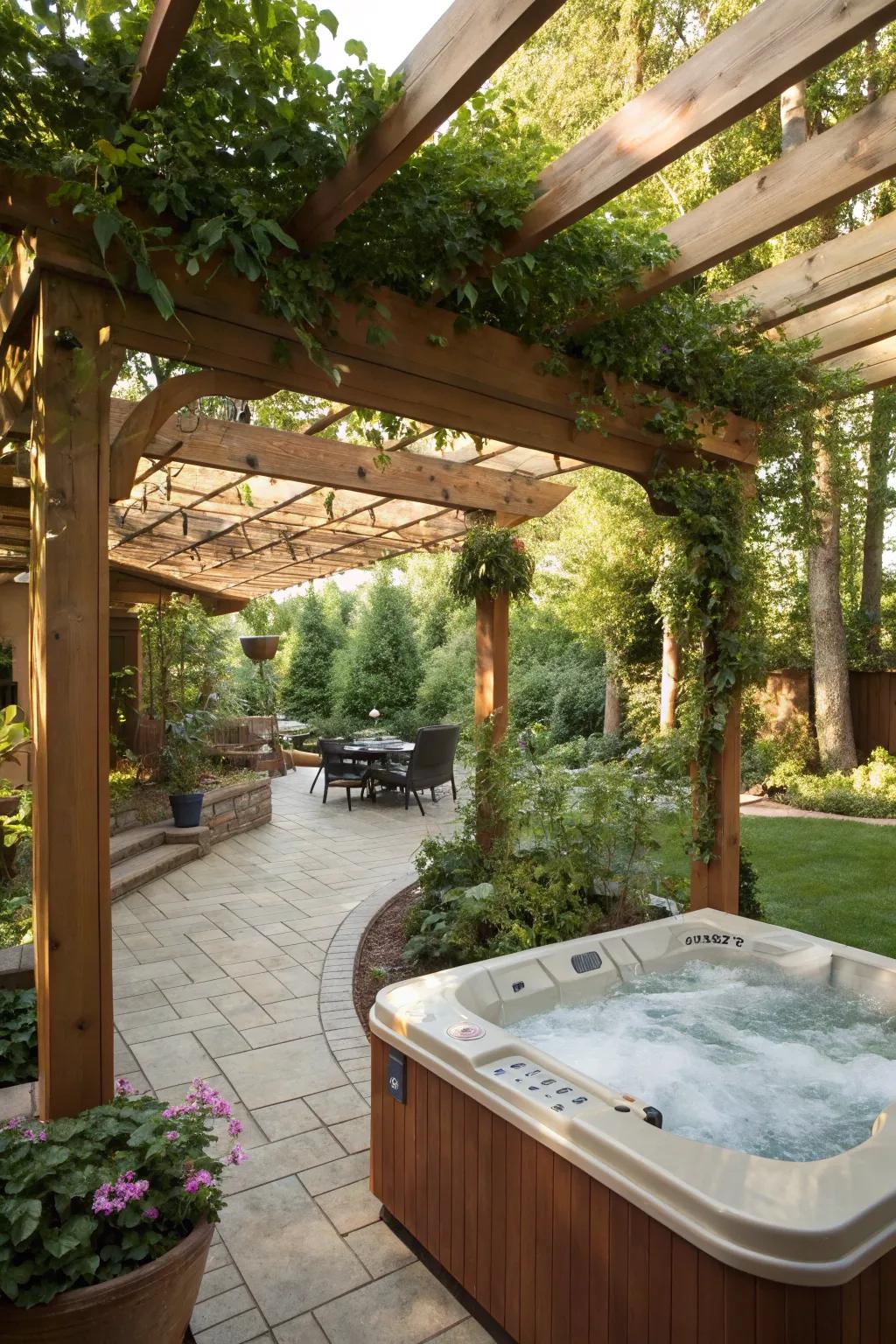 A pergola provides shade and elegance to your hot tub area.