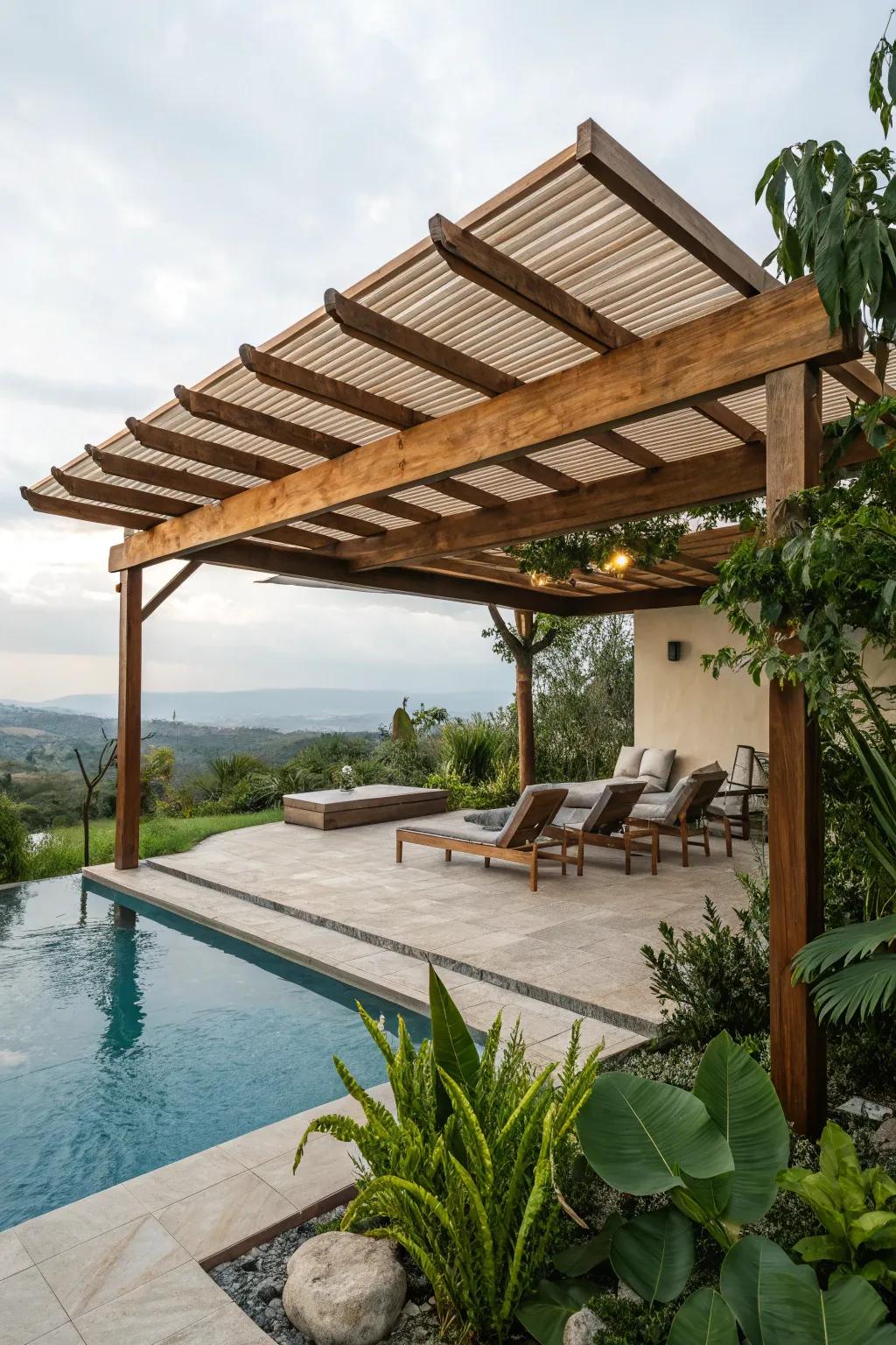 Solid roof pergola supplies lots of shade and shelter.