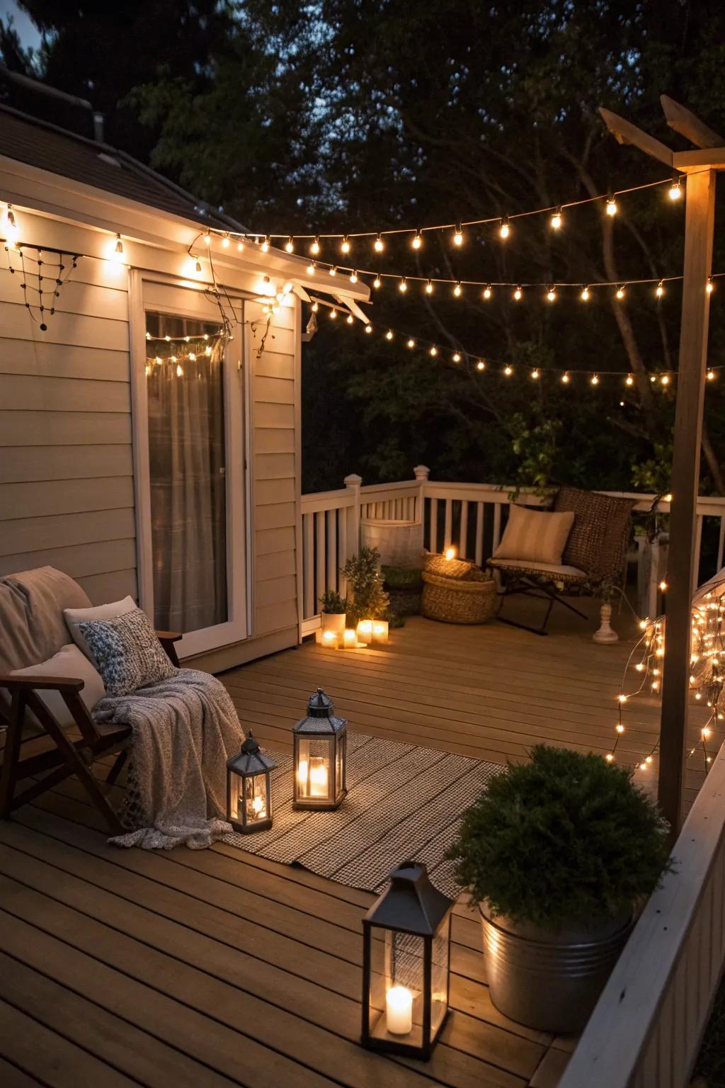 Atmospheric illumination transforms your deck into a nighttime oasis.