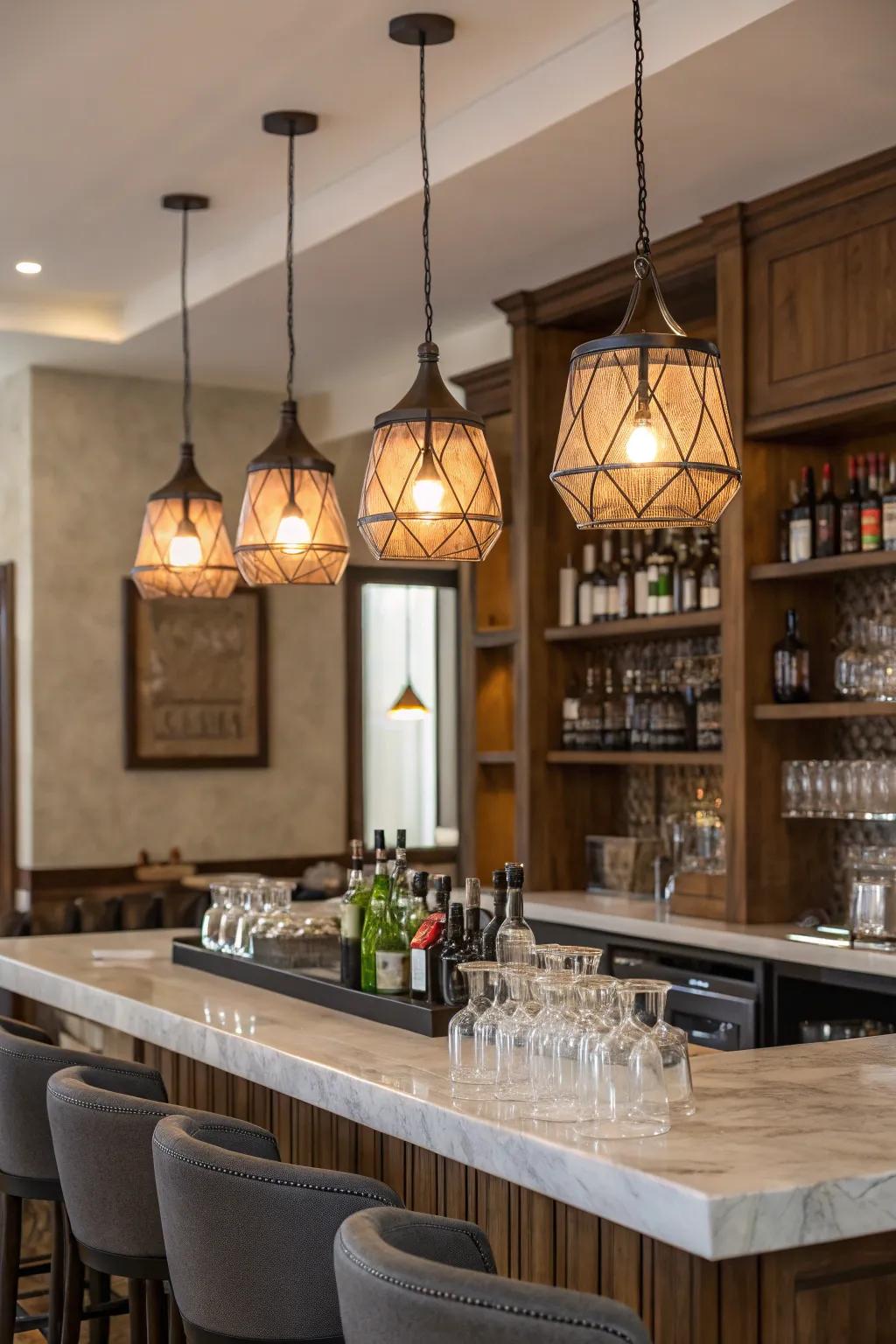 Pendant lighting enhances the ambiance of your bar.