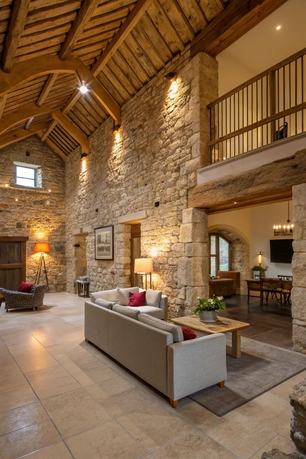 Stone facings maintain the authentic rustic essence in barn conversions.