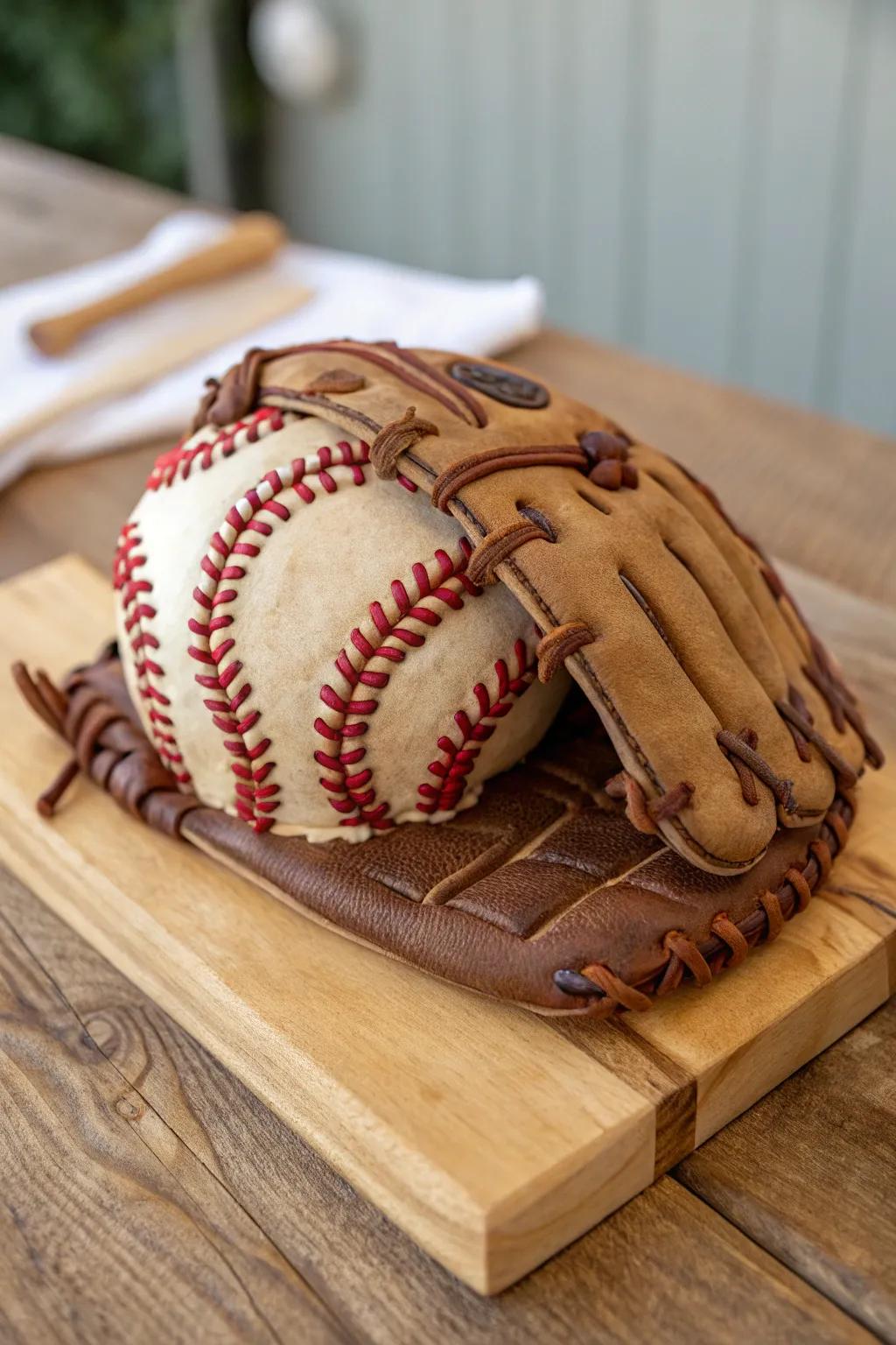 A baseball glove cake that looks almost too real to eat.