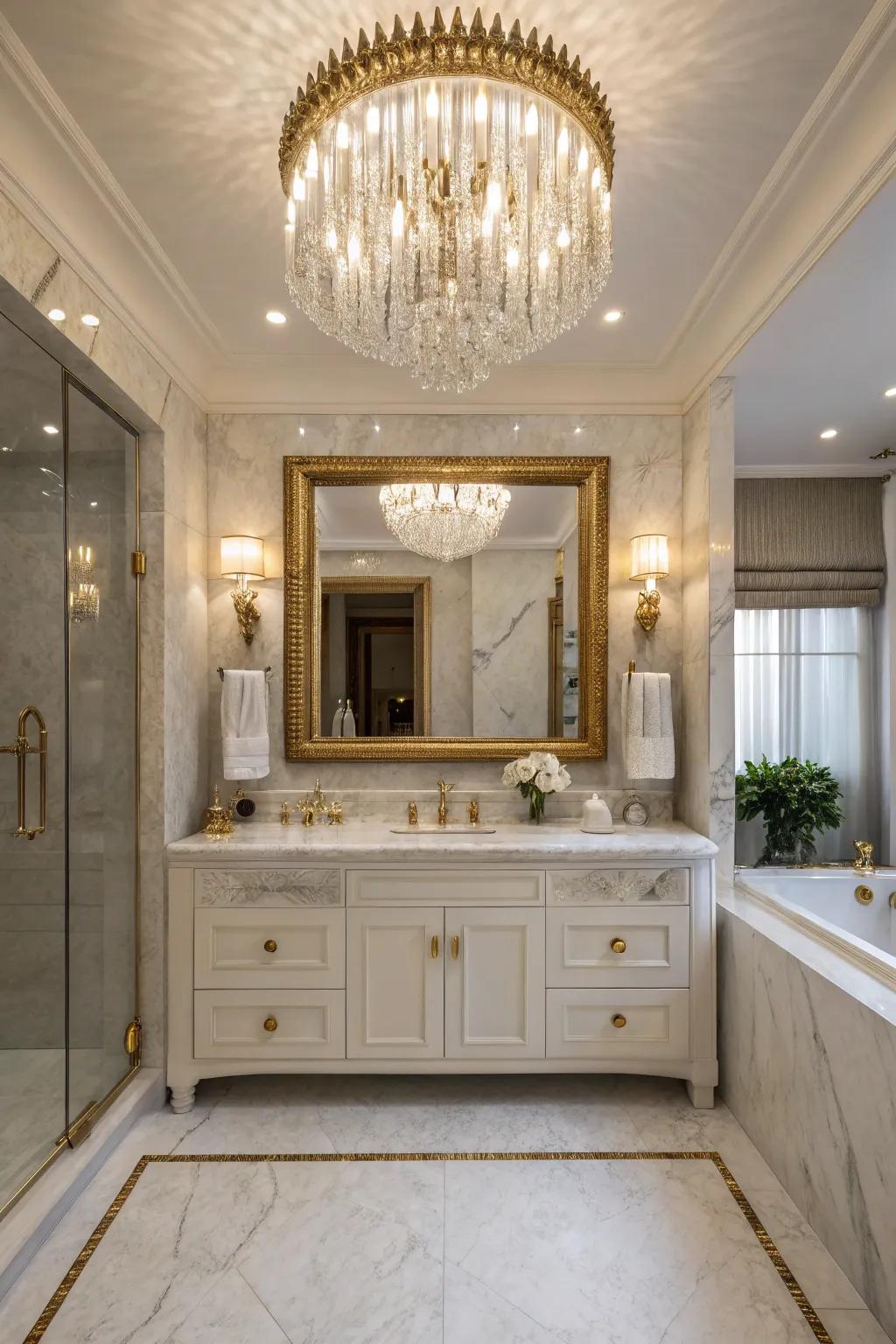 A chandelier adds drama and elegance to bathroom lighting.