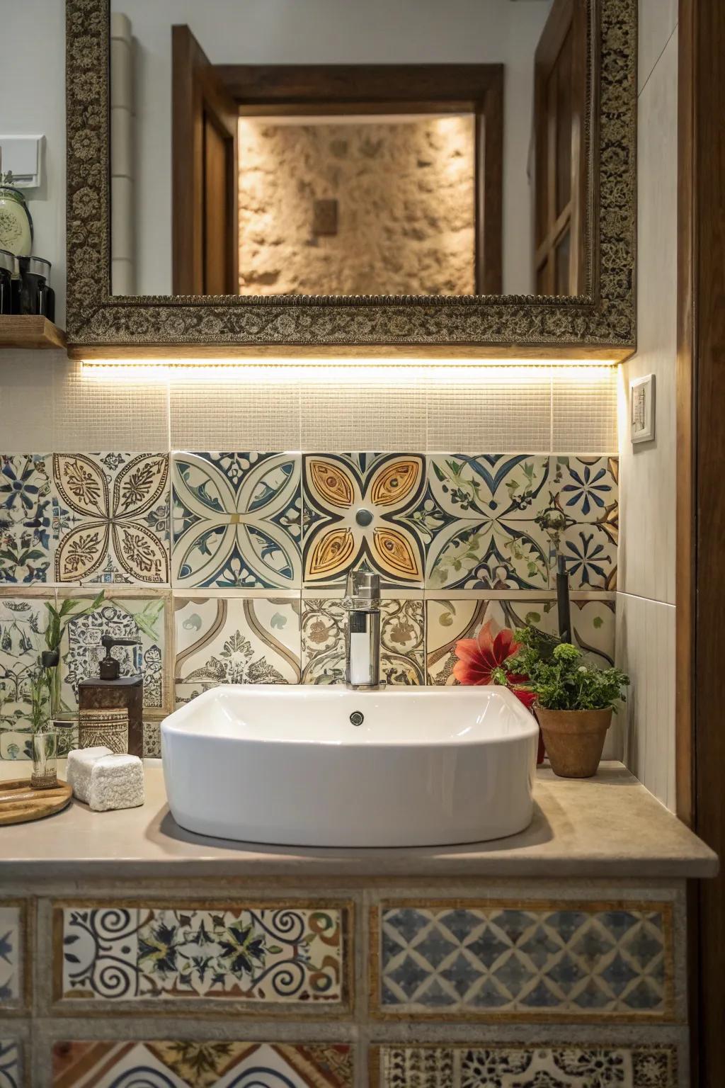 Artistic panels and tiling to create a captivating basin area.