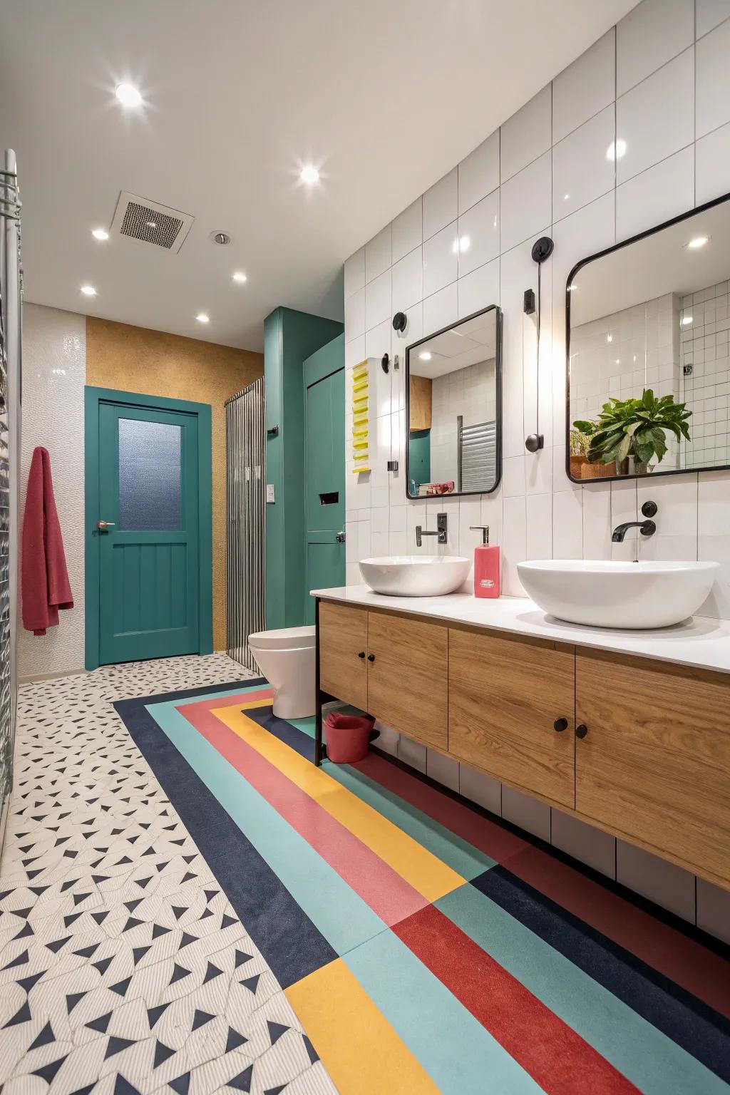 Colorful durable flooring delivers contrast and vibrancy to this bathroom.